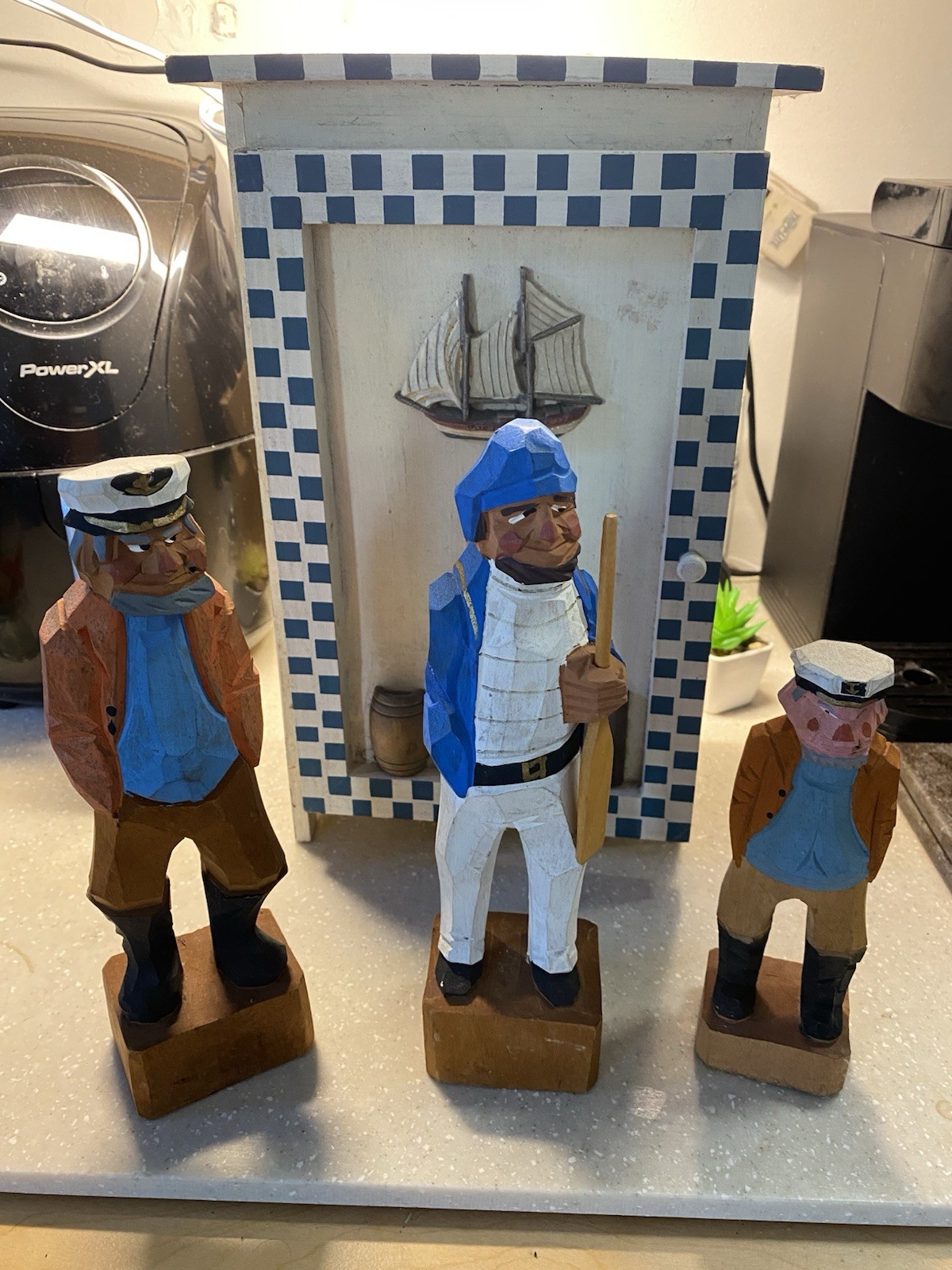 Hand Carved Wooden Sailor Figurines, Nautical Theme, Set of 3 w/ Box, Handmade