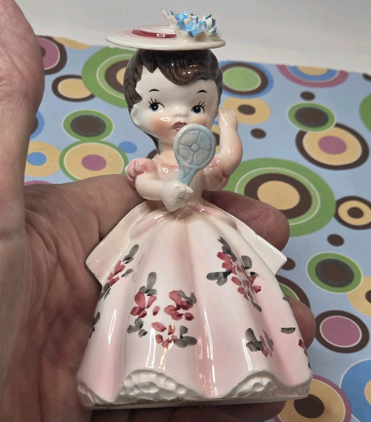 Vtg Lefton Girl Figurine Pink Dress Mirror Flower Hat Ceramic 1448 4.75″ READ