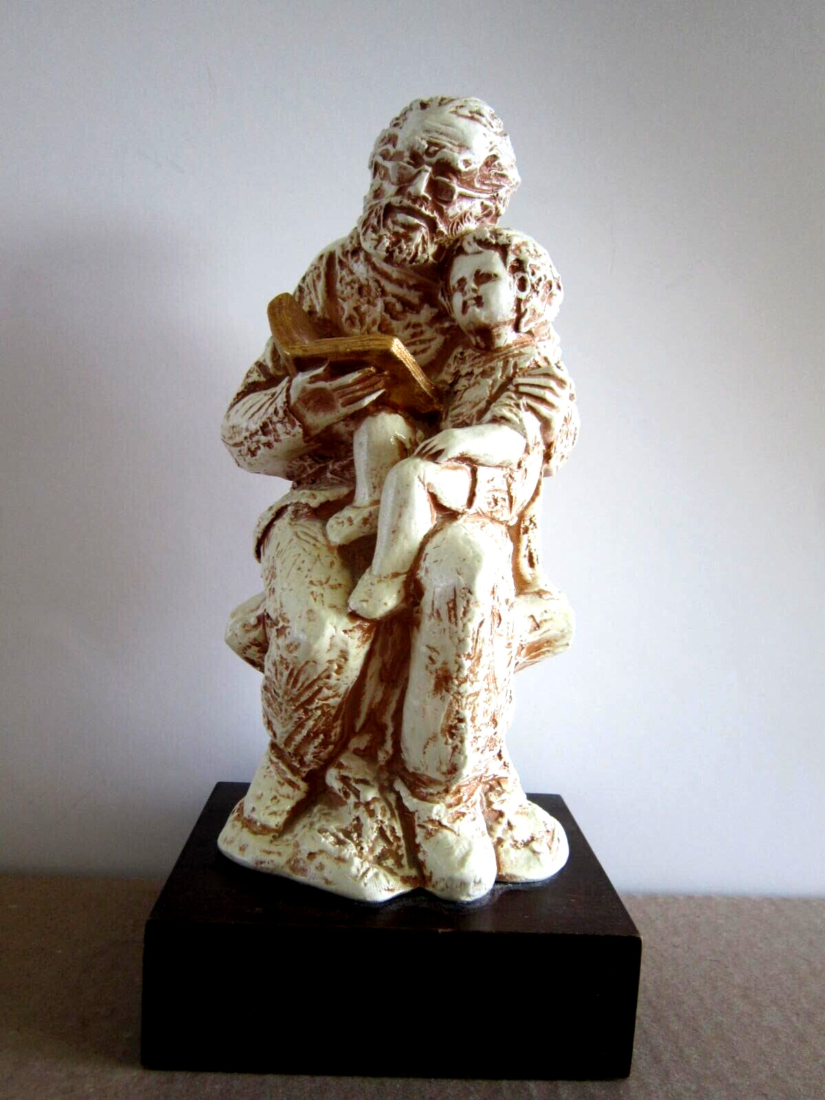 Grandfather Reading Book to Grandson Handmade and Painted Ceramic Figurine 11″ T
