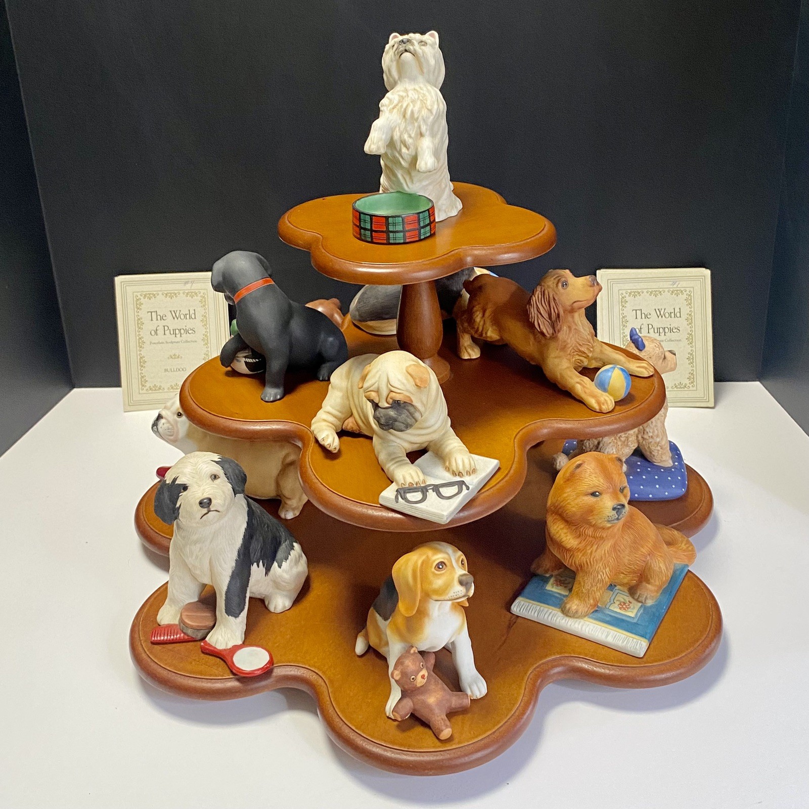 Vintage 1987 Franklin Mint World of Puppies Complete Set of 12 W Stand &ALL COAs