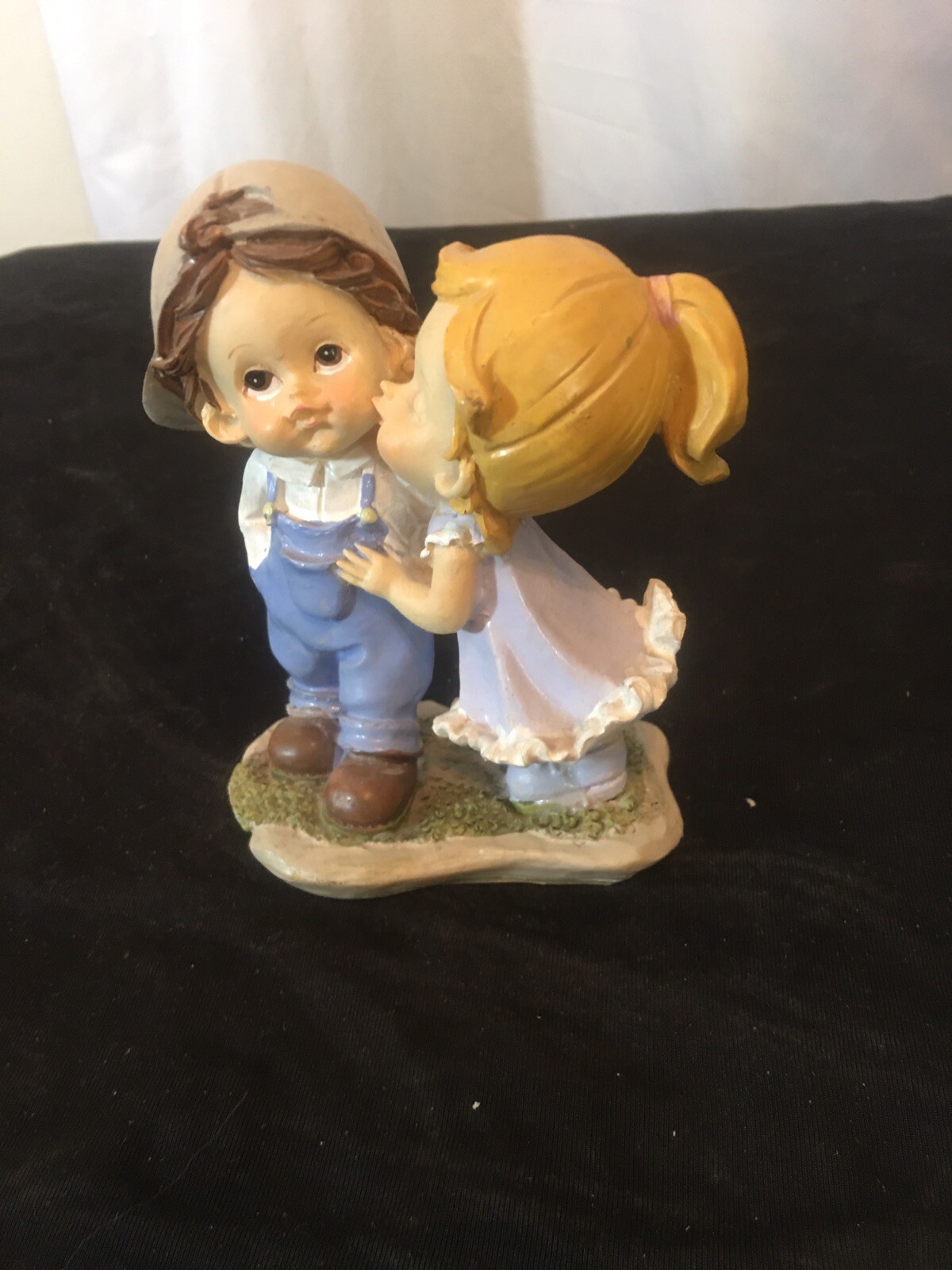 Tender Times Girl Kissing Boy Figurine Overalls Hat