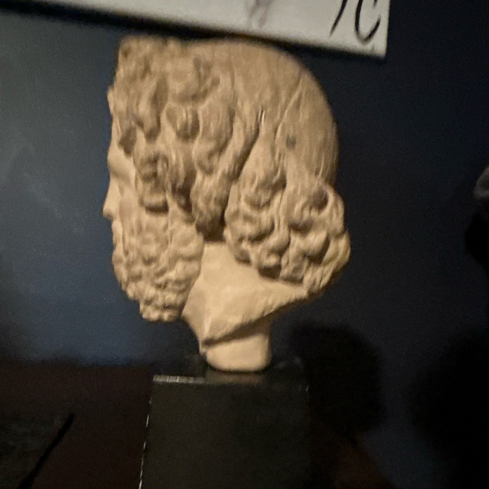 Classical Male Head Bust Sculpture, Plaster Beige on Black Display Base