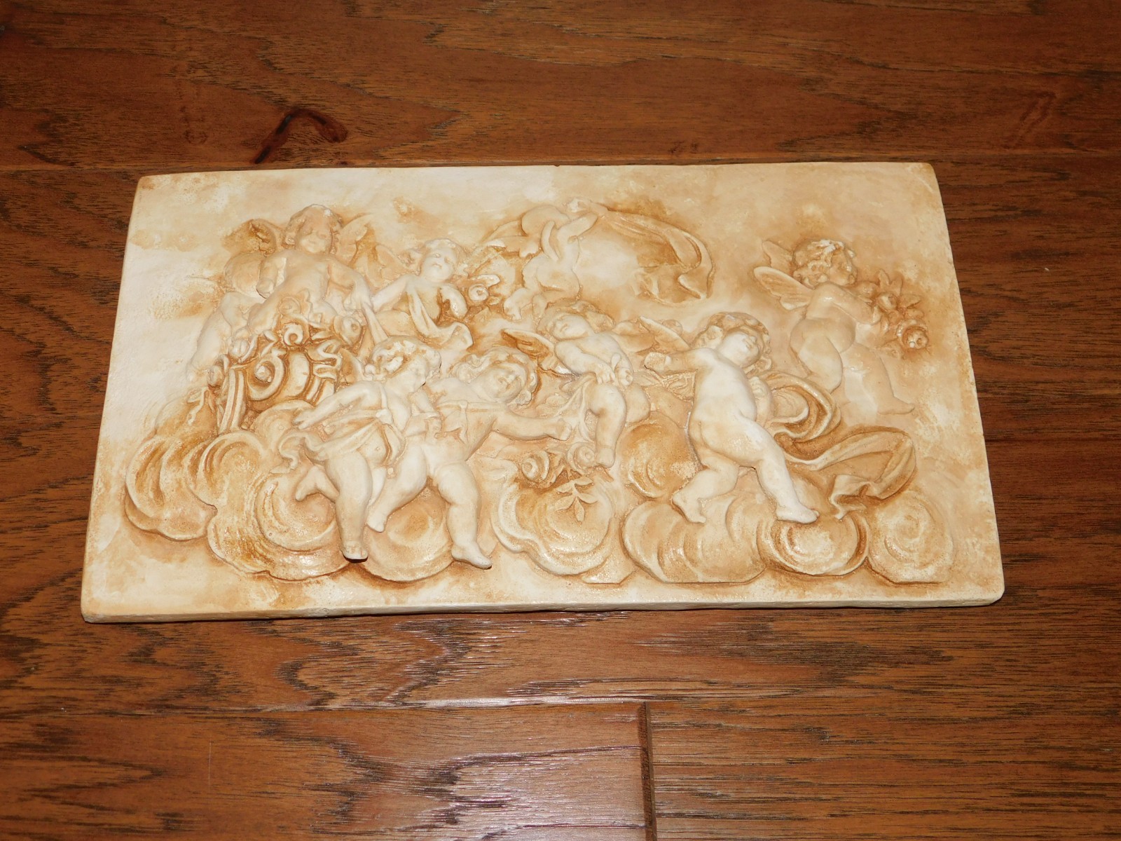 VINTAGE Heavenly Cherub Angels in Clouds Wall Relief Sculpture Plaque Plaster