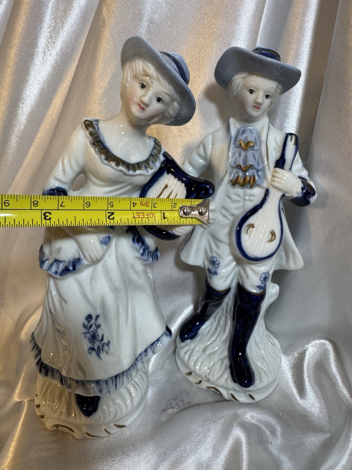 Vintage Blue & White Porcelain Colonial Man & Woman Figurine Playing Instruments
