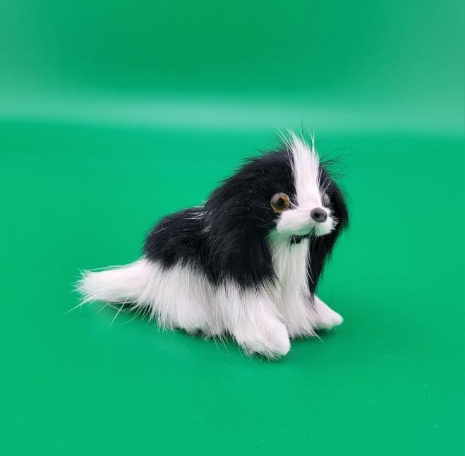 Miniature Vintage Black & White Realistic Rabbit Fur Dog Figurine Made In Japan