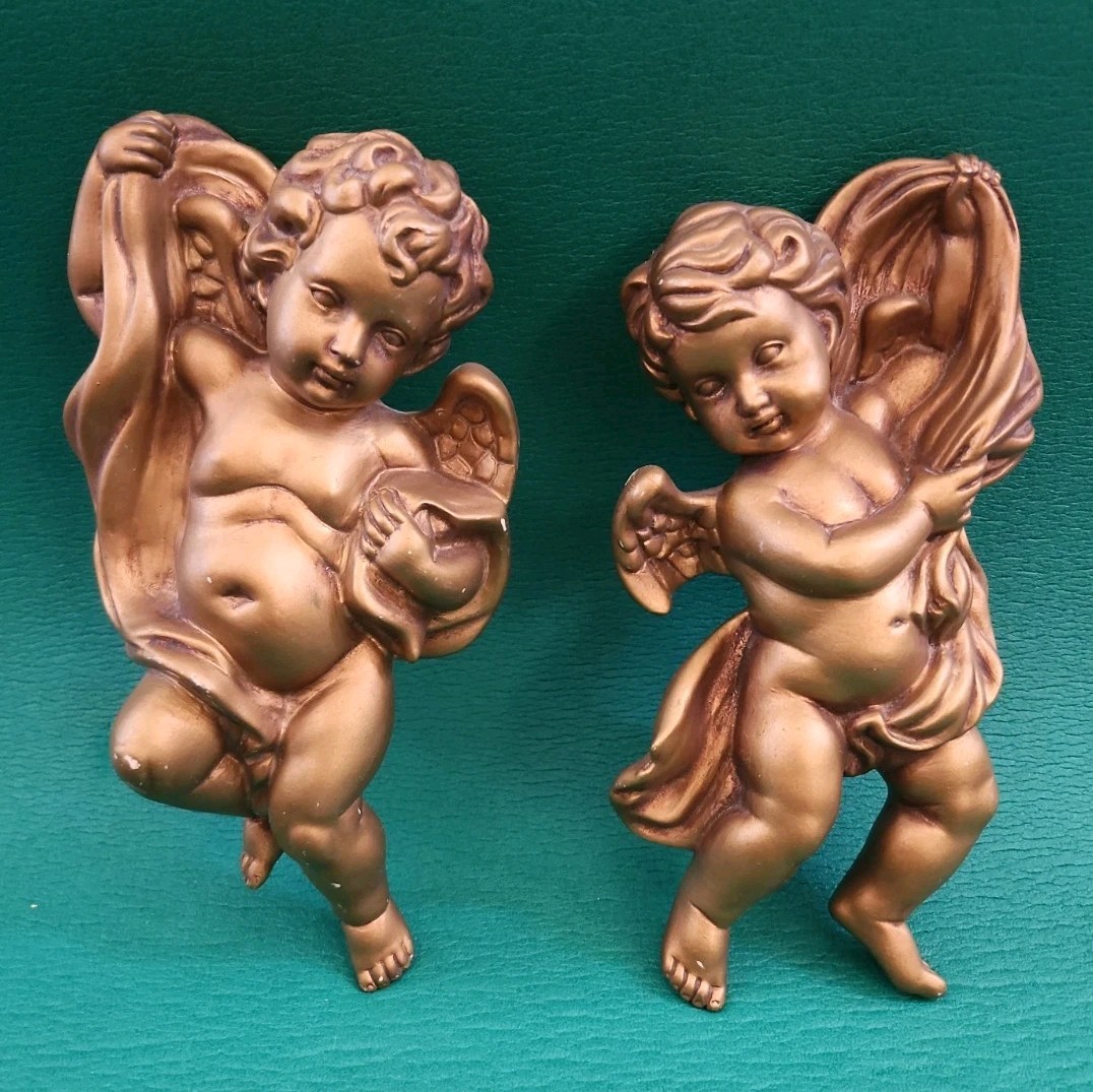 Vtg Gold Cherub Angel Baby Wrapped in Swaddle Blanket Wall Hanging Decor Set