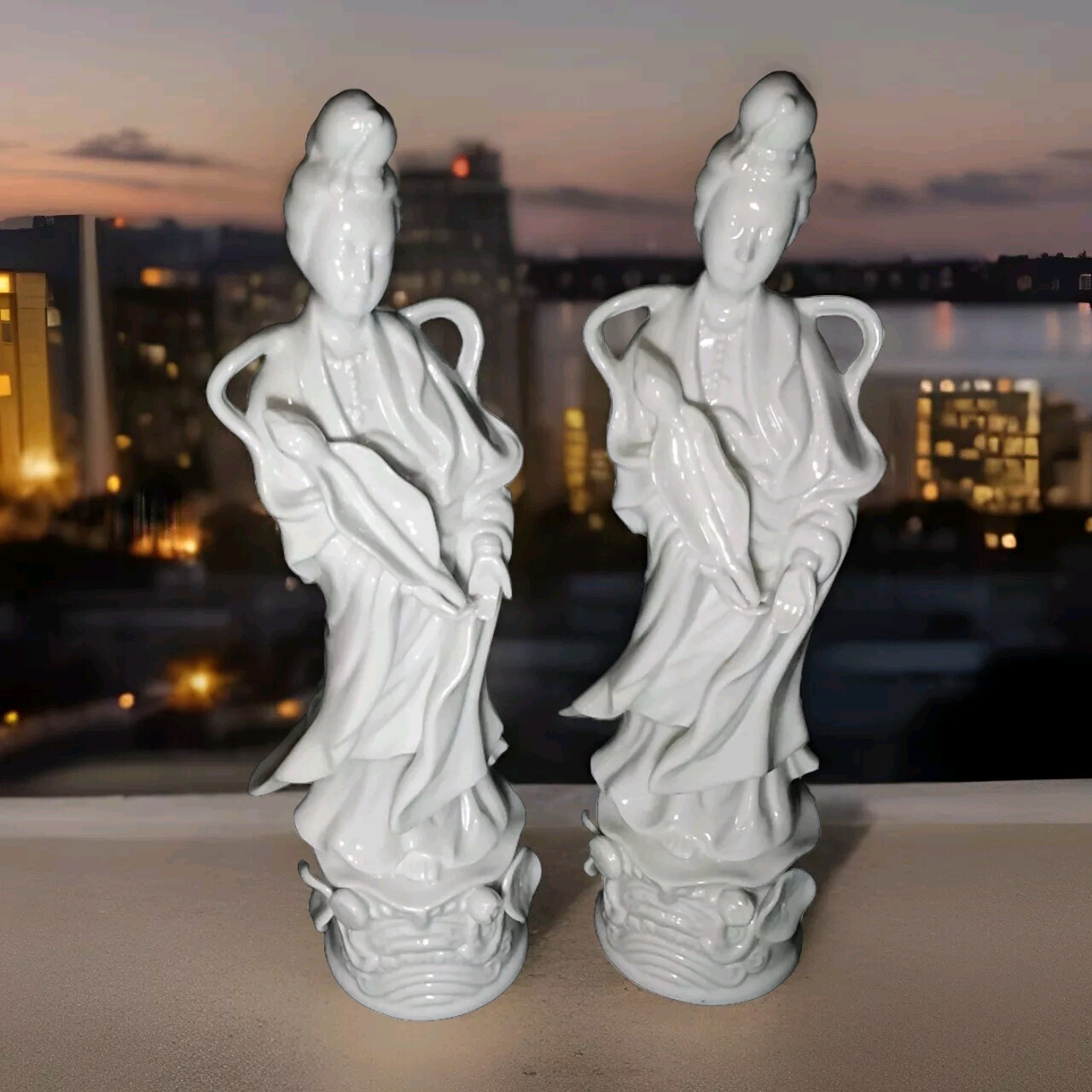 2 Geisha ORIENTAL GIRL HOMCO #1426 Cross Sword White Porcelain Figurine 12″