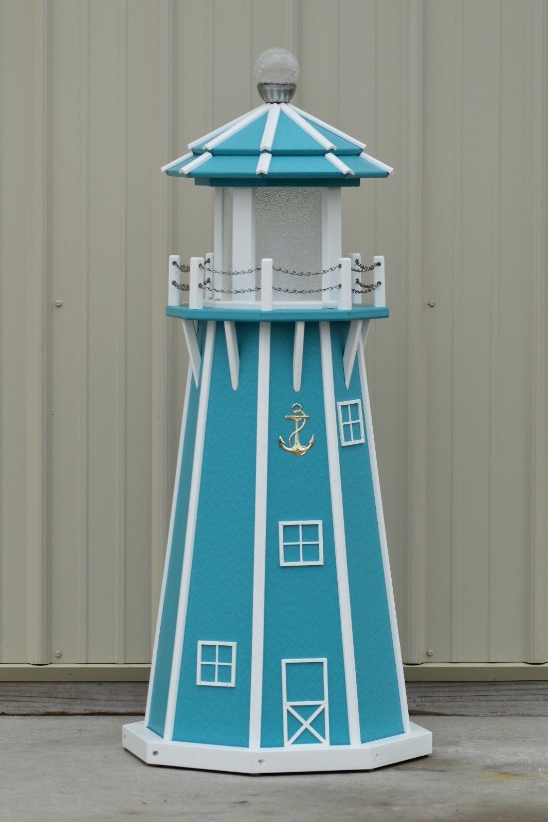 4′ Octagon Electric and Solar Powered Poly Lighthouse, Aruba Blue/White Trim