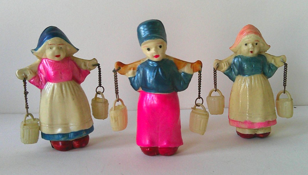 Lot of 3 Dutch boy and milk maid plastic? and celluloid figurines