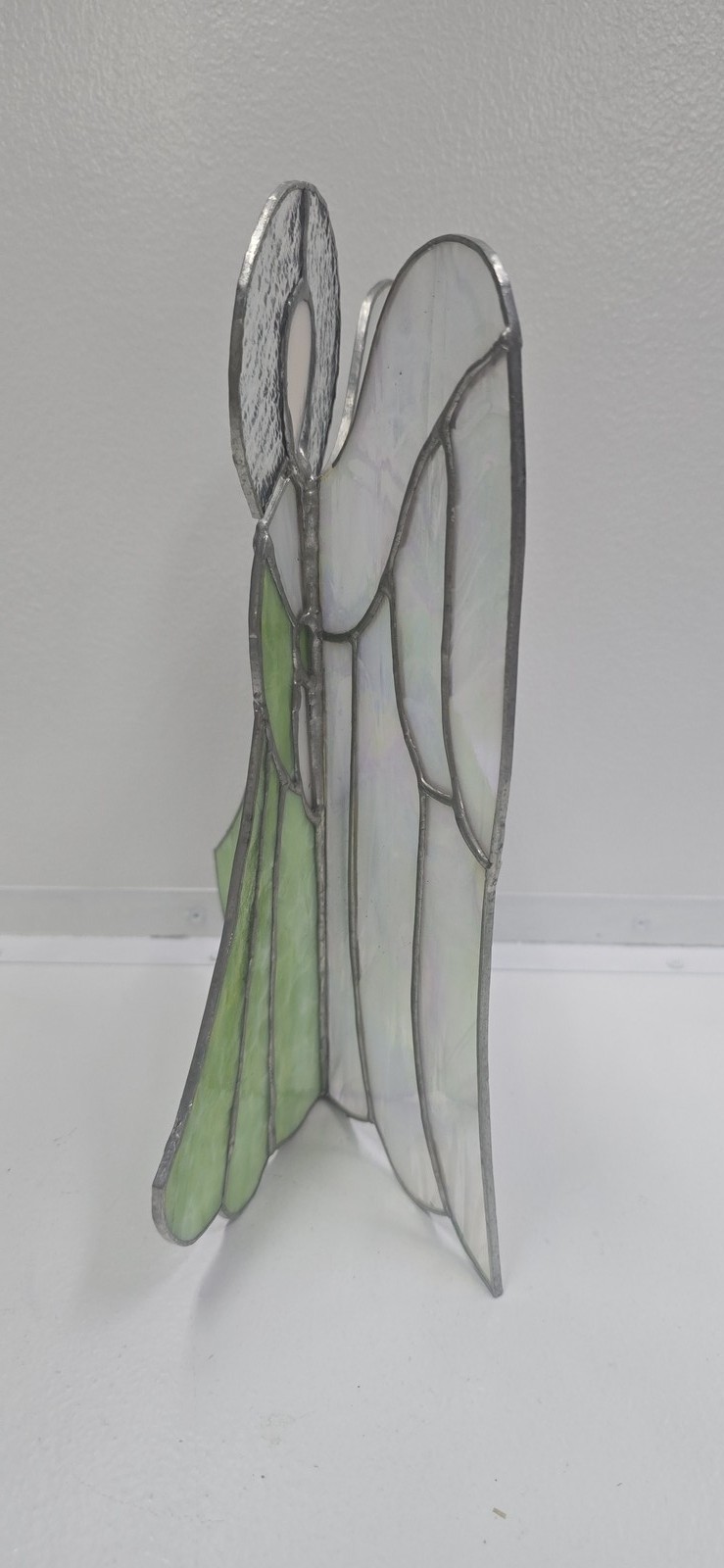 Stained Glass Angel Figurine Iridescent White Green Tabletop Suncatcher Decor