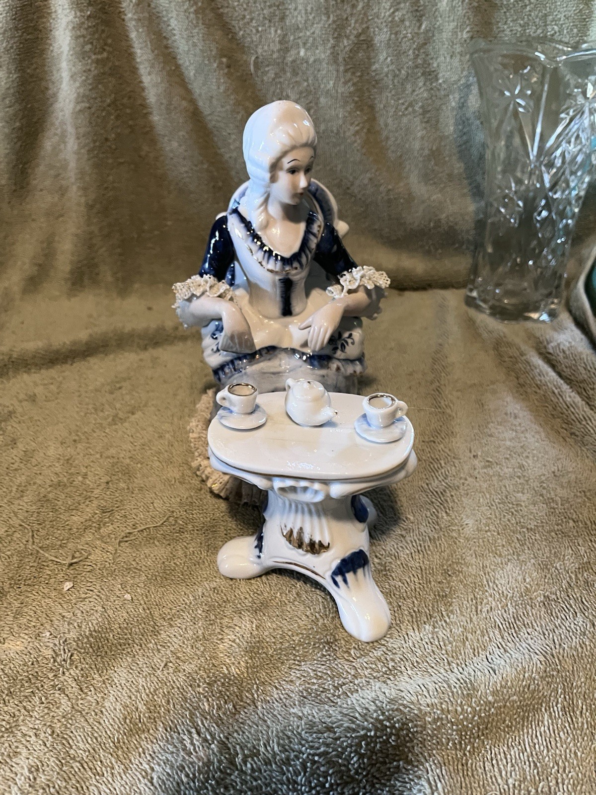 Victorian Porcelain Colonial Lady Figurine With Tea Set And Table 1940s