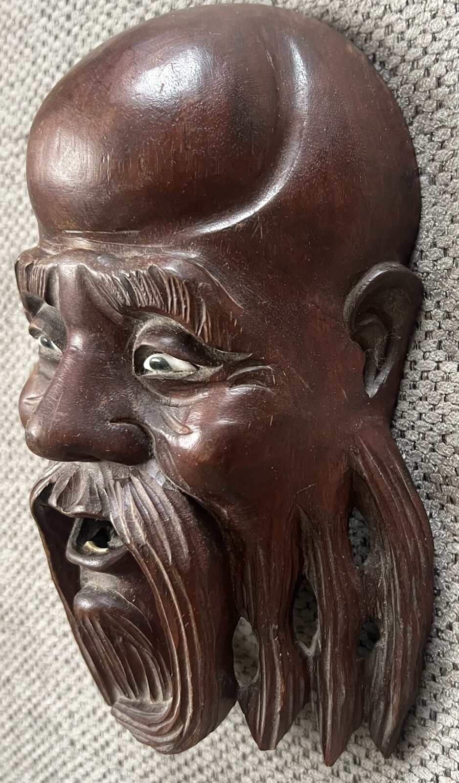 Vintage Carved Asian Wood Head Great Detail Glass Eyes Happy Man Wall Hanging