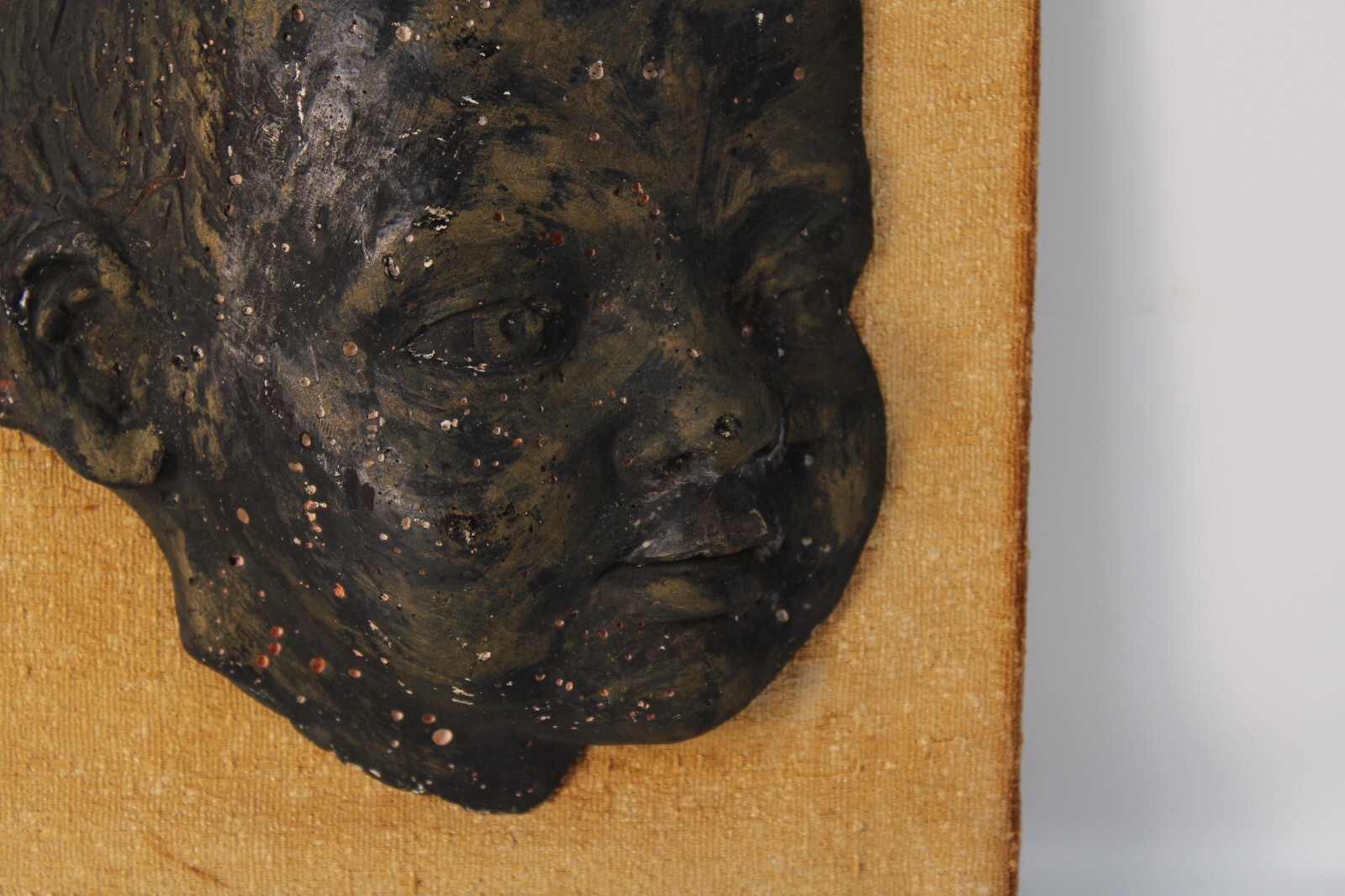 Antique Hand Made Painted 3-D Sculpture Head Of Boy Made Of Plaster On Board
