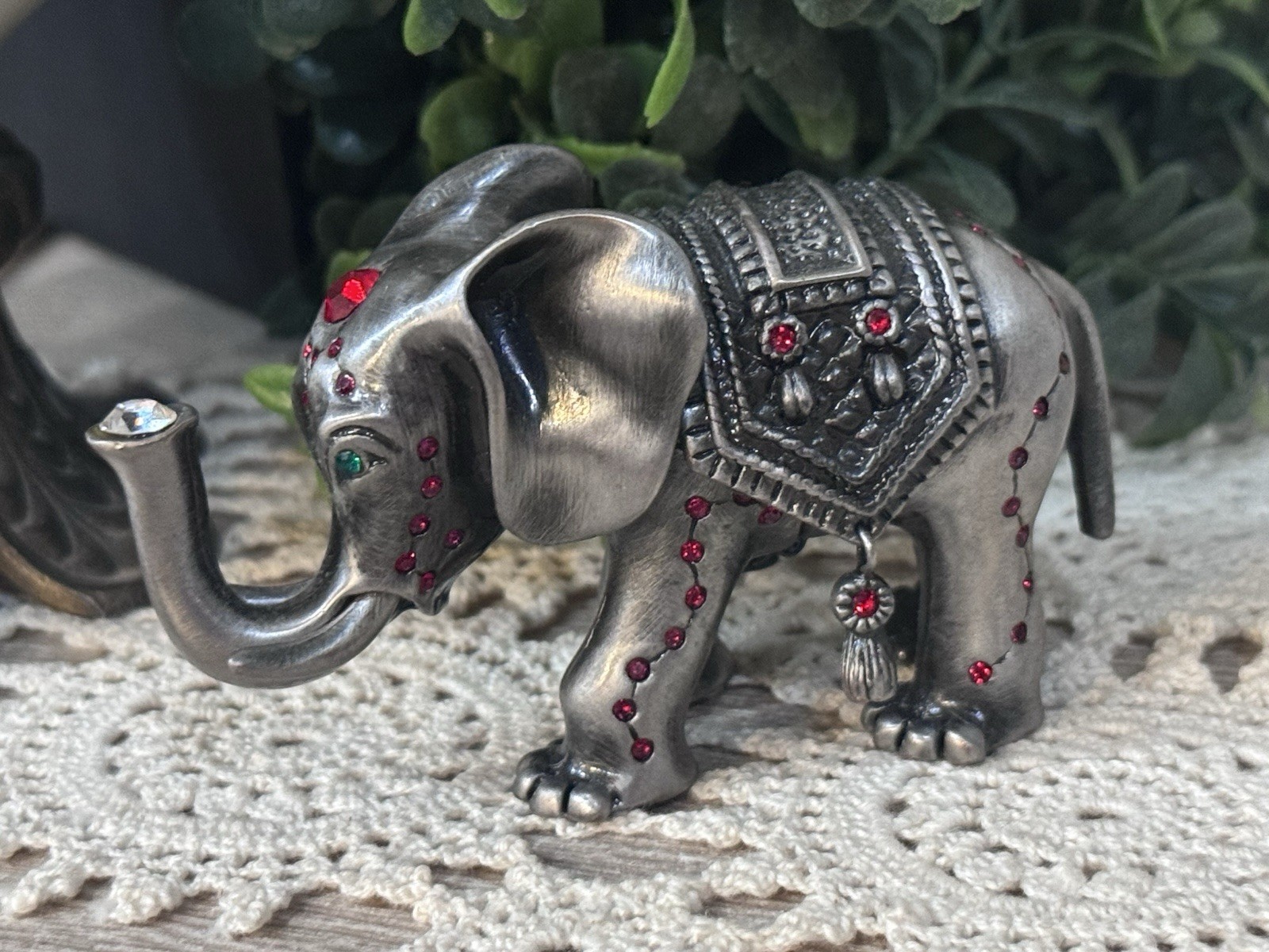 Pewter Bull Elephant with Jeweled Royal Covering Trinket Box
