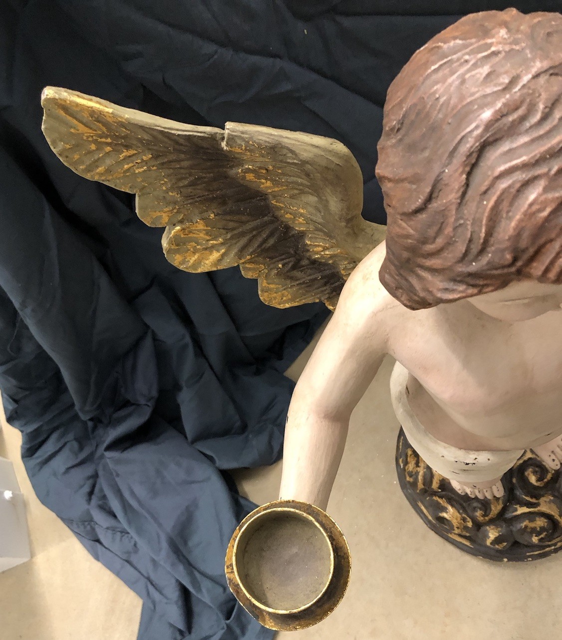 Large Vintage 28” Italian Cherub Putti Angel Composite Stands On Floral Base