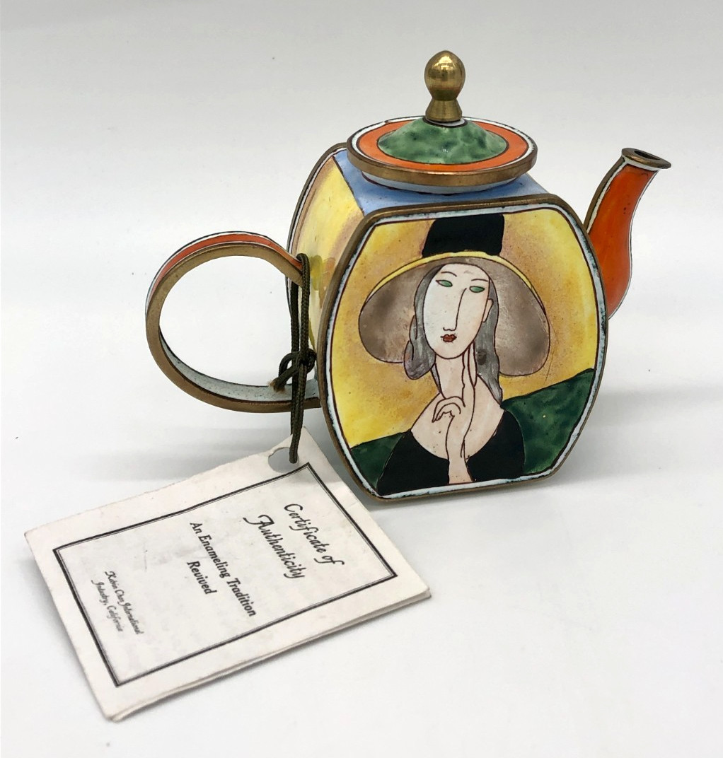 Signed Kelvin Chen Miniature Hand Painted Enamel Teapot Modigliani Woman #199