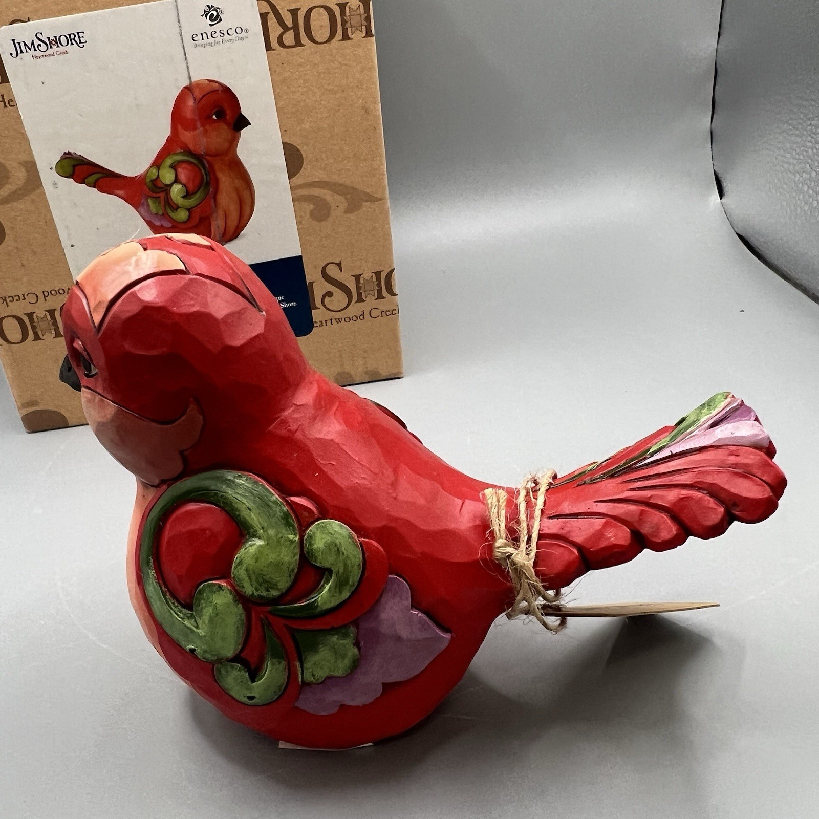 Jim Shore Heartwood Creek Red Floral Bird w Folk Art Swirls “In Fine Feather”