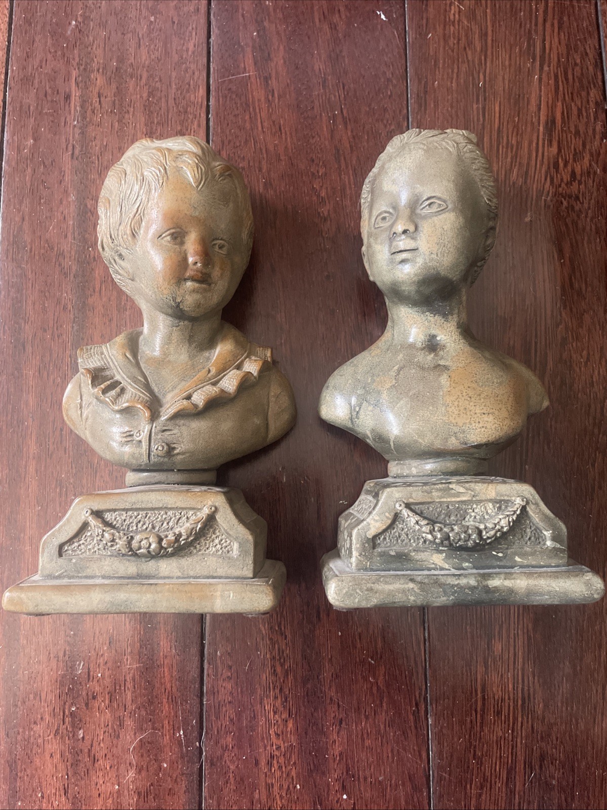 Vintage Pair Alexander Backer Boy & Girl Statues/Bookends Faux Stone