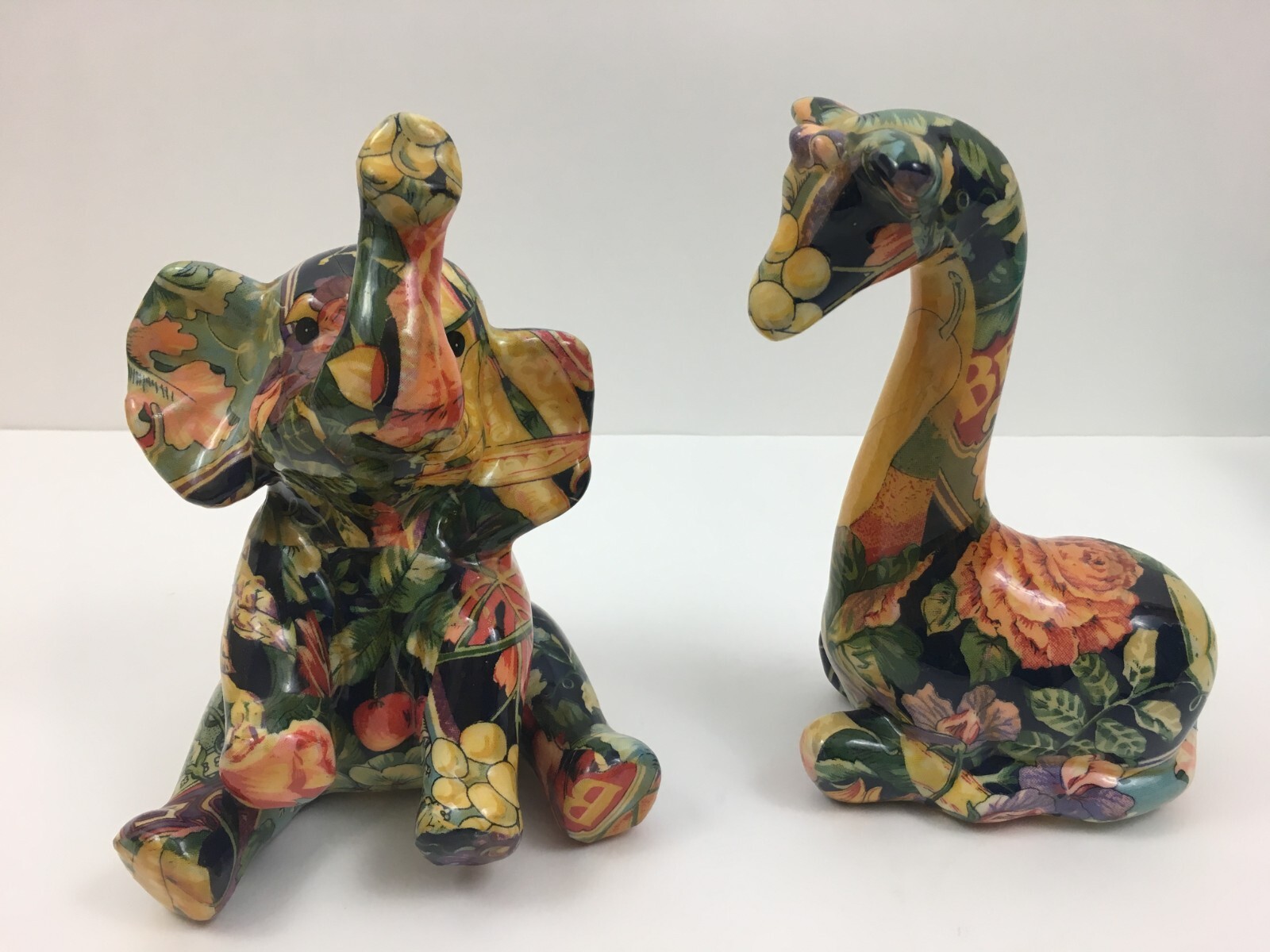 Elephant + Baby Giraffe Patchwork Decoupage Floral Figurines Decorative Art Lot