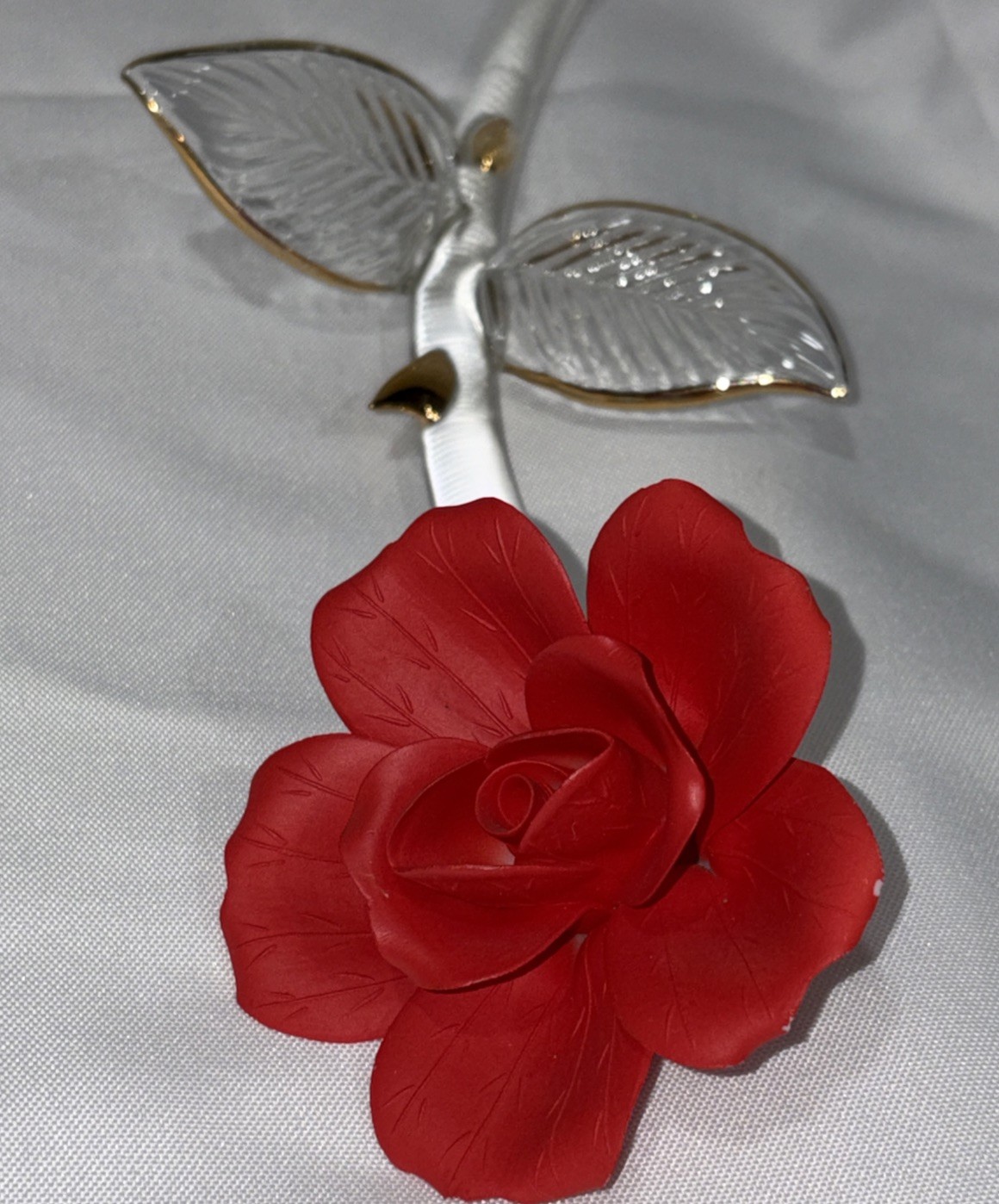 Baron Glass Long Stem Red Rose Porcelain 24K Gold Trim