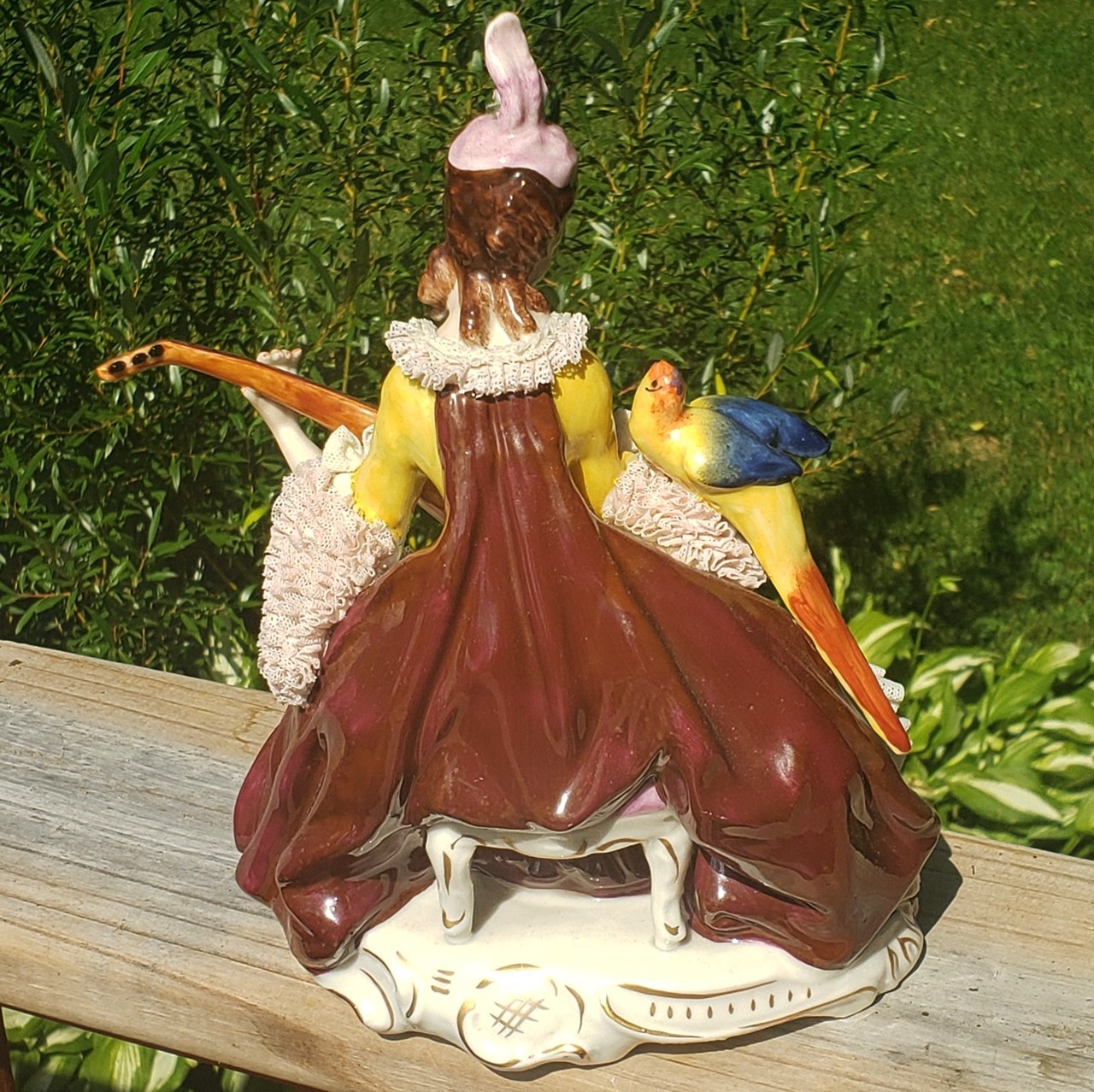 Vtg Dresden Porcelain Lace Woman Lady Parrot Bird Mandolin Figurine 9 5/8″