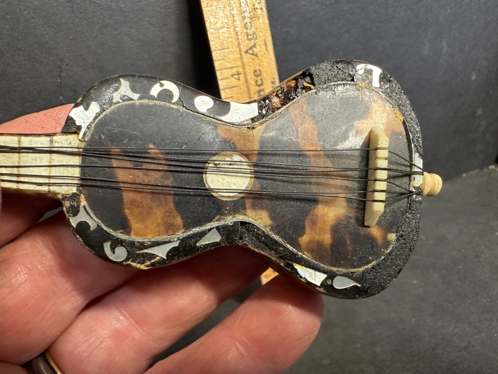 Antique “Faux” Tortoise Shell Mother Of Pearl Inlay Miniature Guitar, MOP