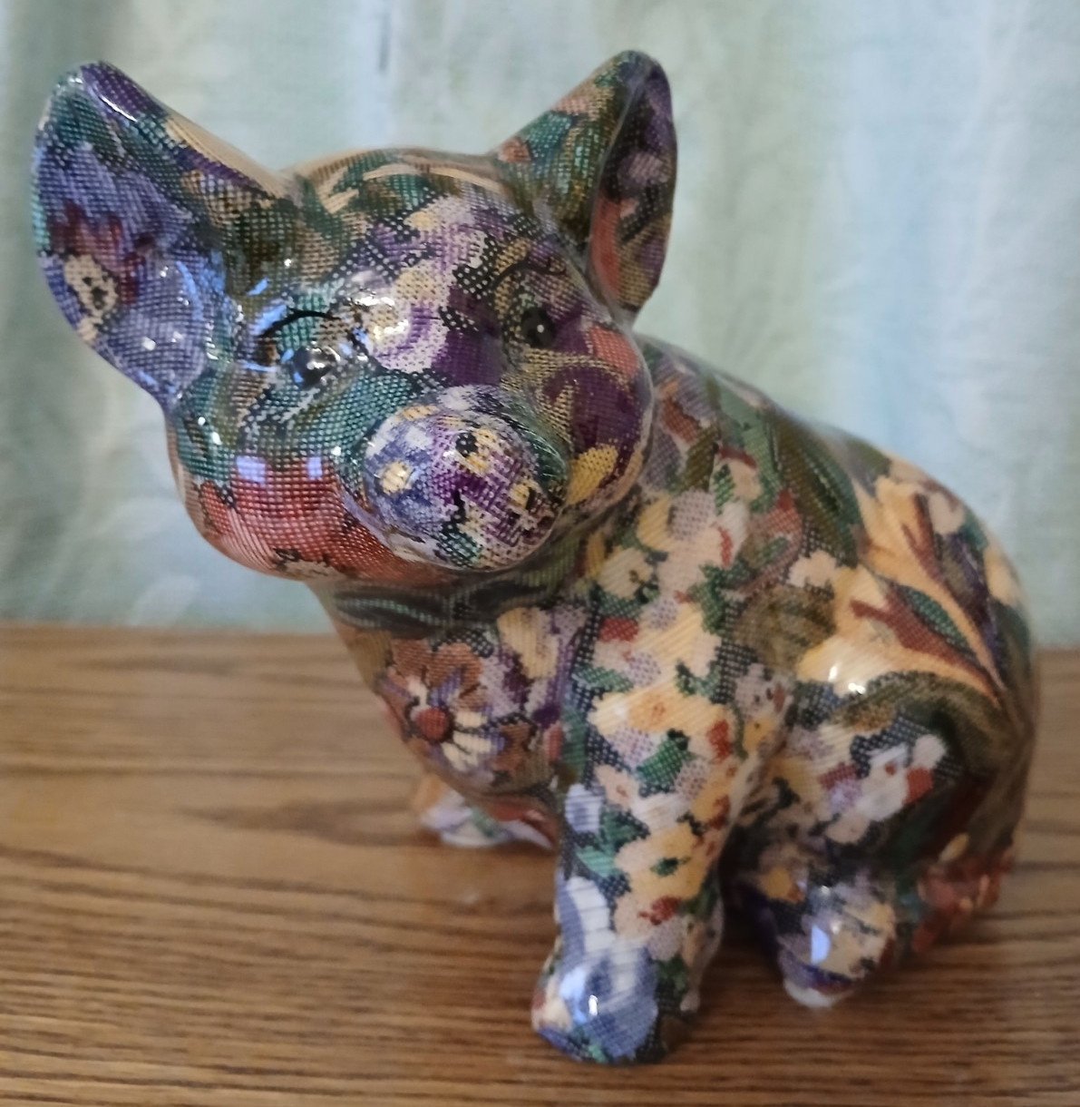 Vtg Decoupage Patchwork Porcelain Pig Figurine 6.5in x7.5in Unique Decor