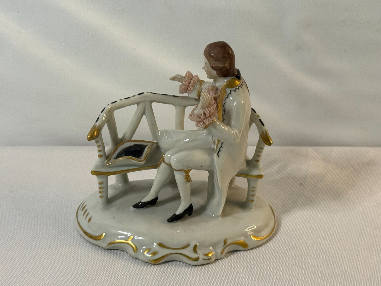 Vintage Dresden Germany Porcelain Gentleman Courtier Bench Figurine Gold Lace