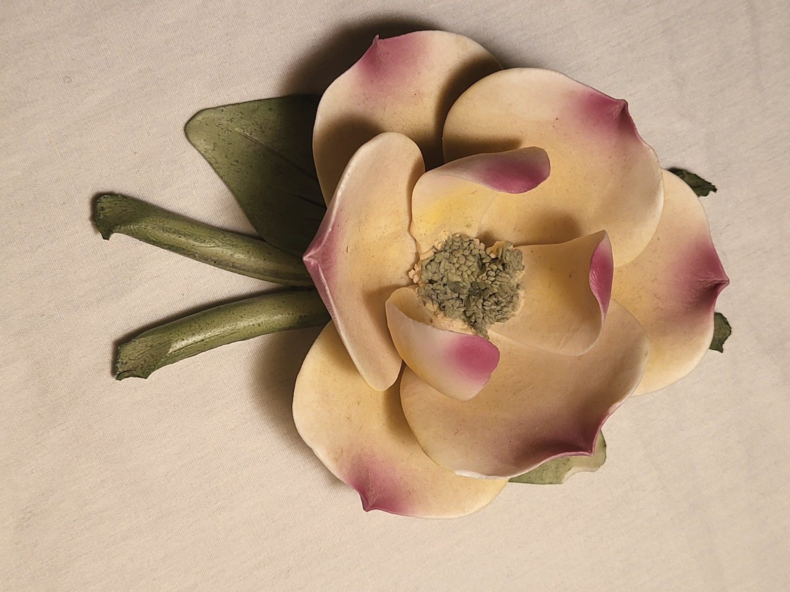 Hand Painted Ceramic Flower Figurine Cream Pink Green Matte Finish Unboxed