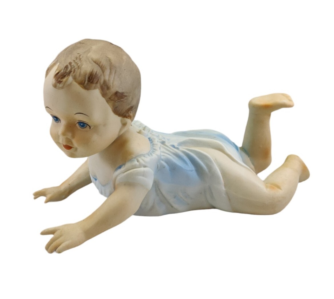 Vintage German Bisque Piano Baby Boy Blue Eyes and Clothes Crawling
