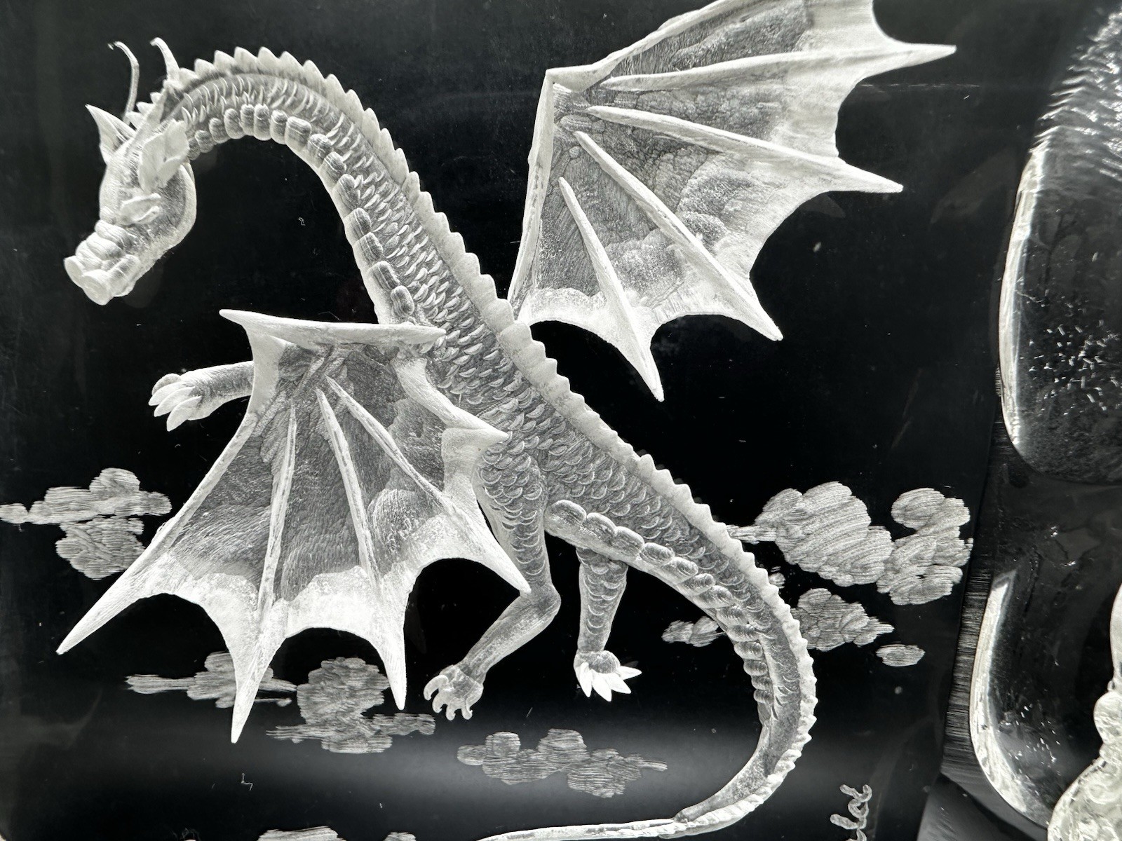 Vintage Wald 80’s Hand Carved Reverse Etched Dragon In Flight Lucite Sculpture