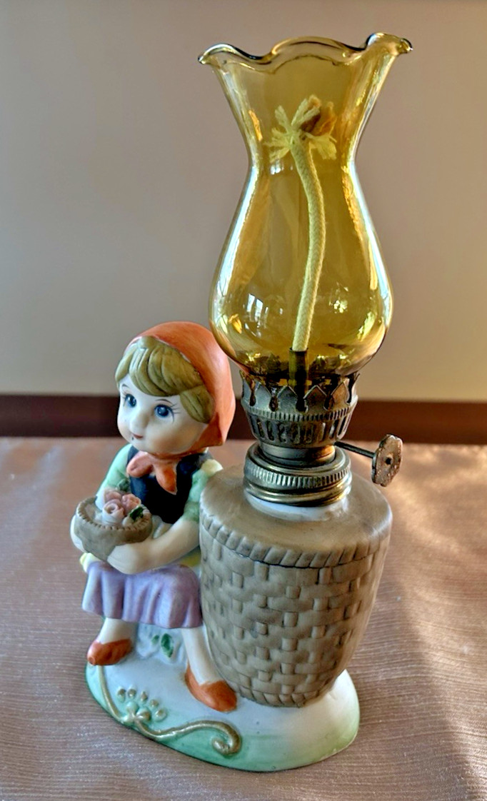 Vintage Bisque Porcelain Peasant Girl w/ Decorated Cake Oil Lamp Figurine Taiwan