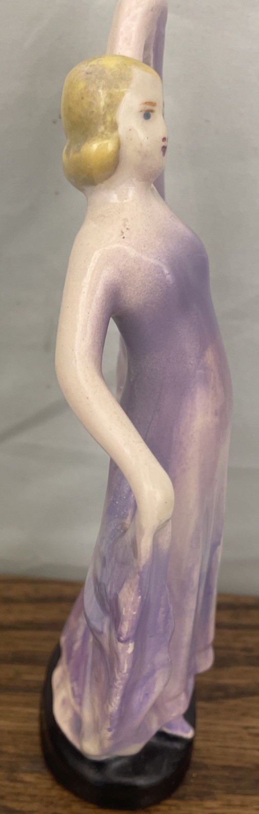 Vtg Art Deco PORCELAIN DANCING LADY Hand Painted Purple dresd Statue 7” x 2.5”