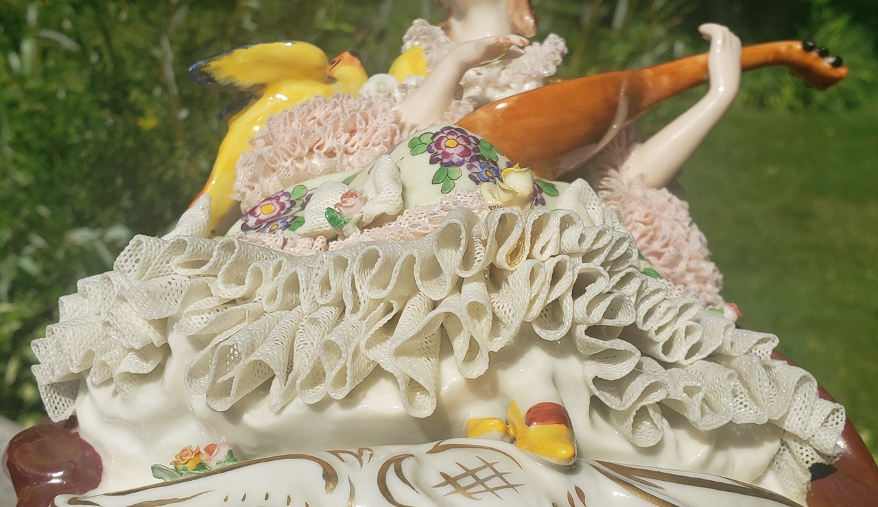 Vtg Dresden Porcelain Lace Woman Lady Parrot Bird Mandolin Figurine 9 5/8″