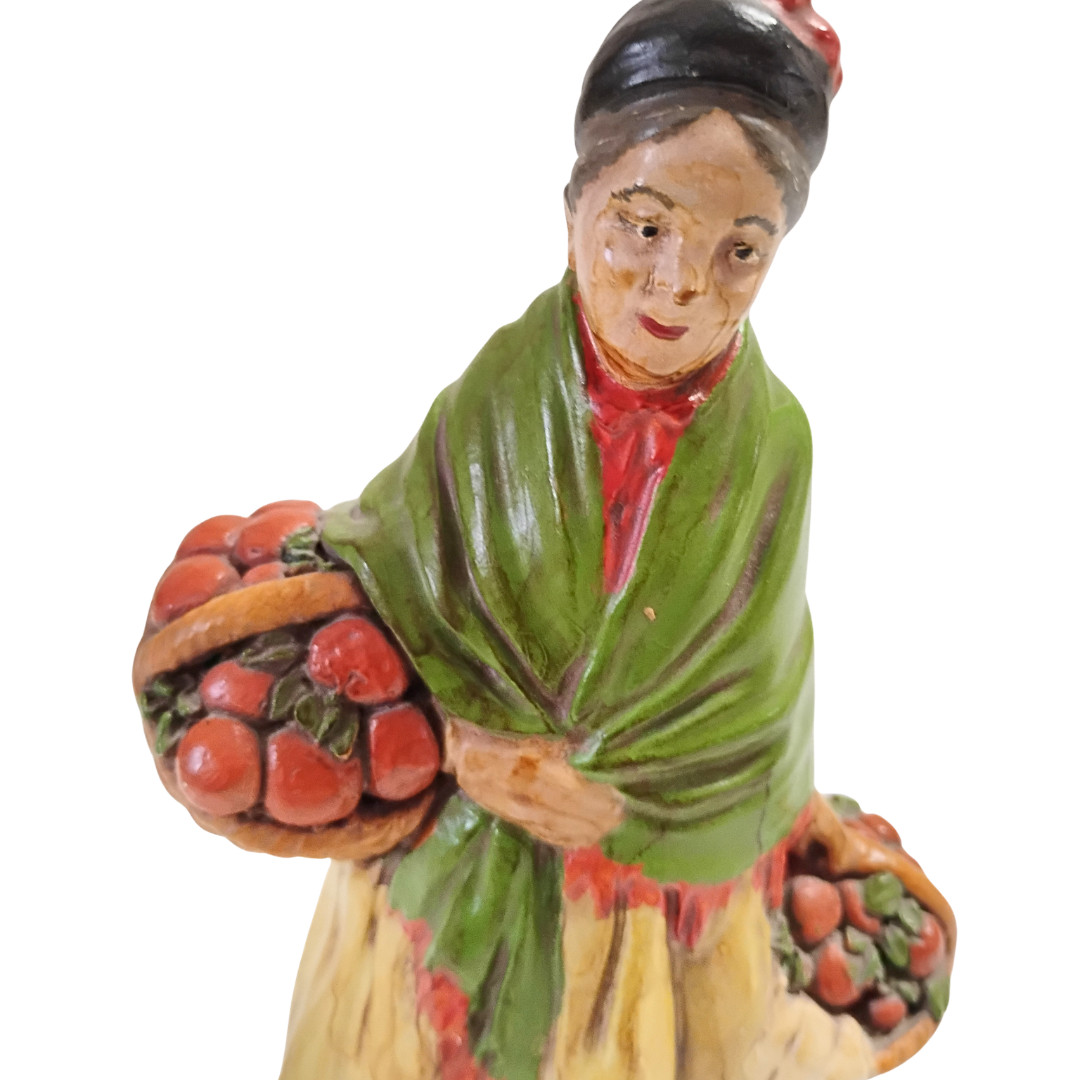 Vtg Wood Carving | Old Woman Carrying Apple Baskets | 8″ | Numbered on Bottom