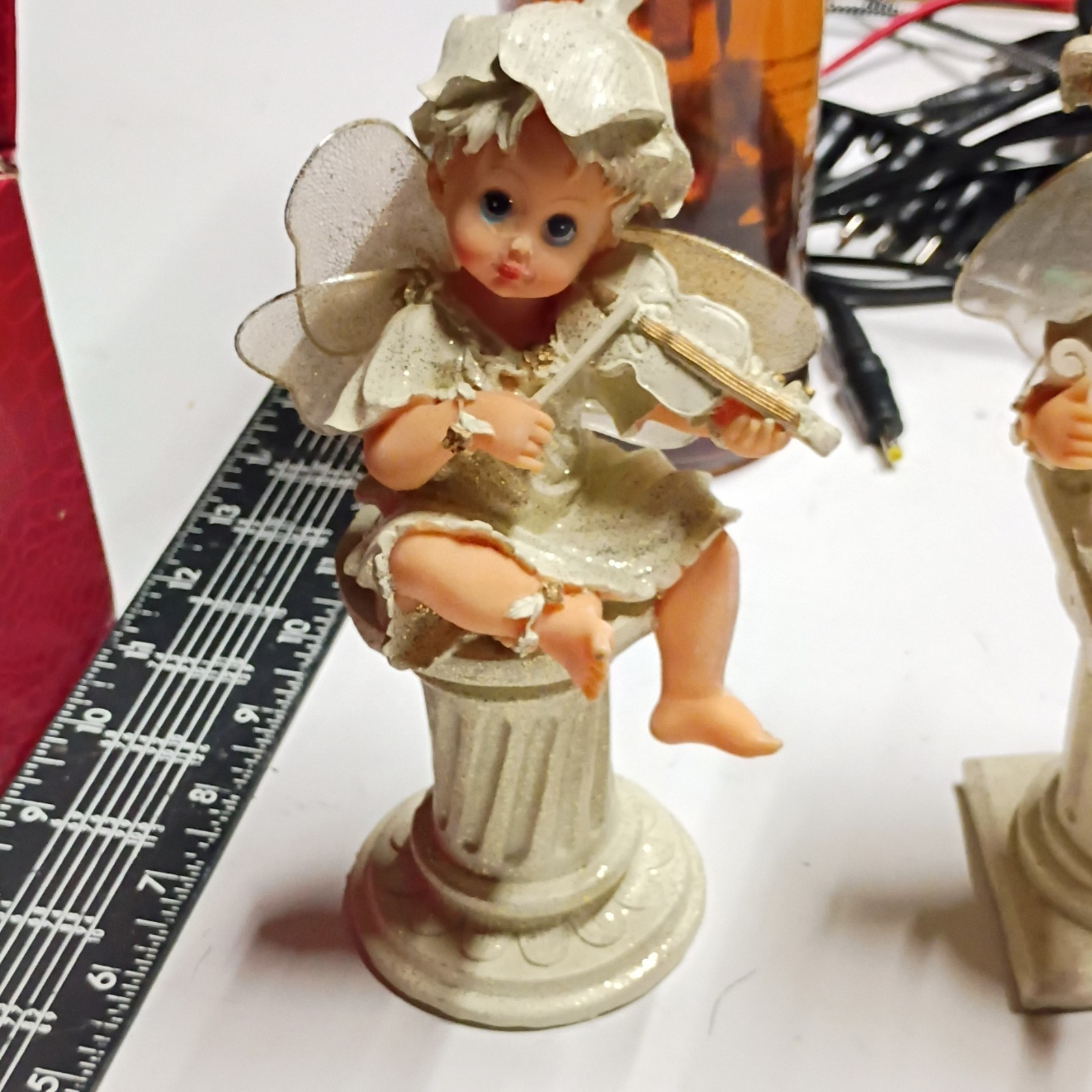 Angel Musician Figurines Beige Gold White Resin Fabric Hand Painted Set of 2