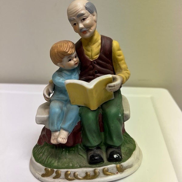Hand Painted Porcelain Figurines Grandparents Reading Child Set of 2
