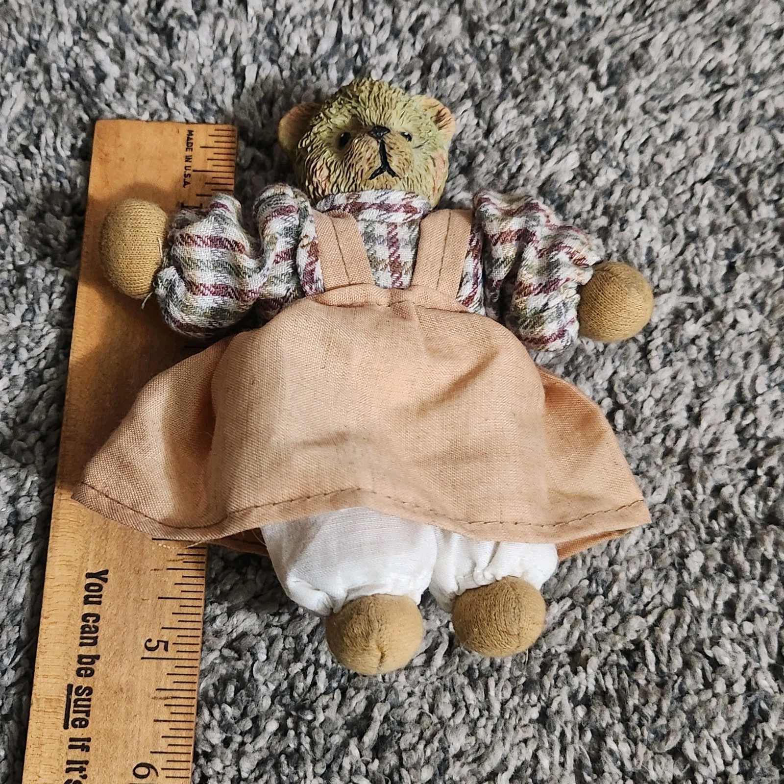 Miniature Teddy Bear Fabric Sand Body Resin Head 5″ Tall