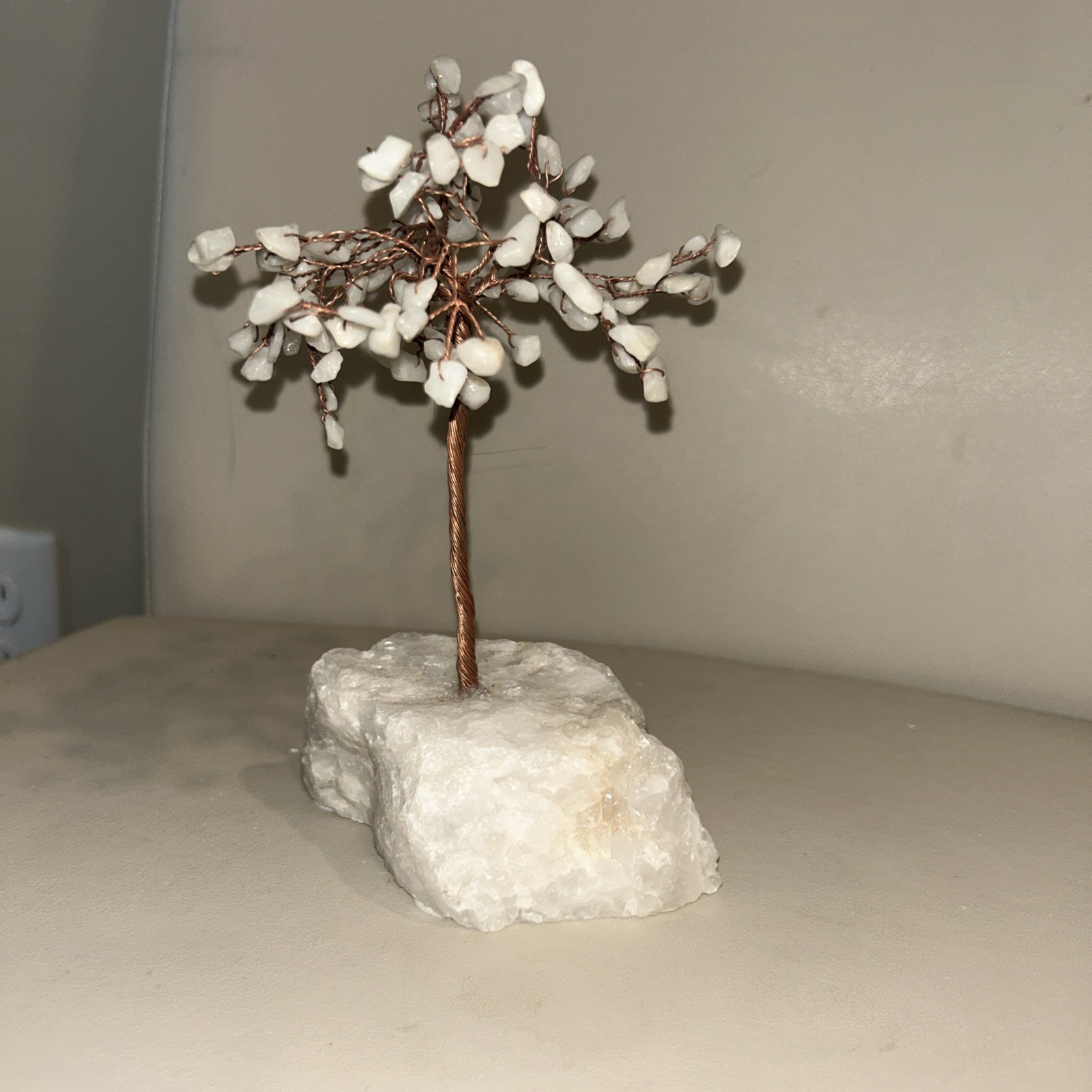 Vintage Bonsai Tree of Life White Jade Quartz Stone Wire Art Sculpture 8” x 6”