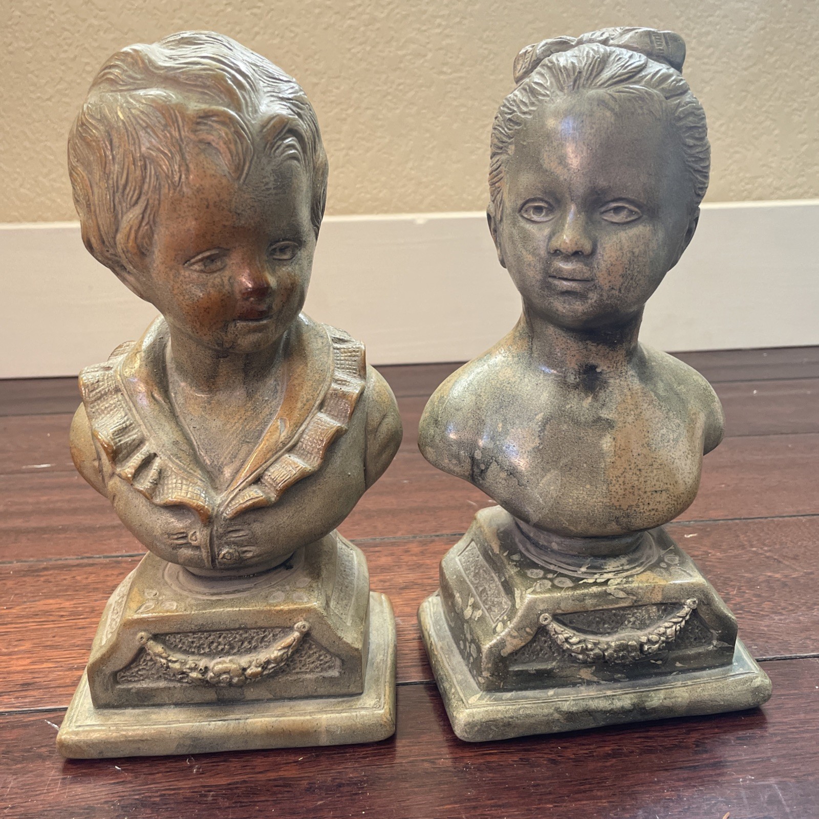 Vintage Pair Alexander Backer Boy & Girl Statues/Bookends Faux Stone