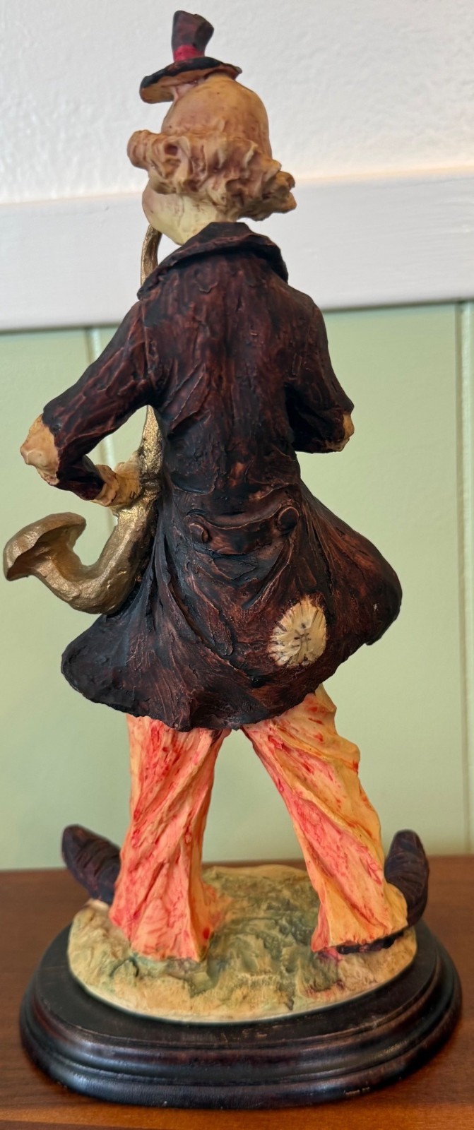 Hand-Carved Clown Figurine Playing Saxophone On Wood Base 12” Vintage Decorative