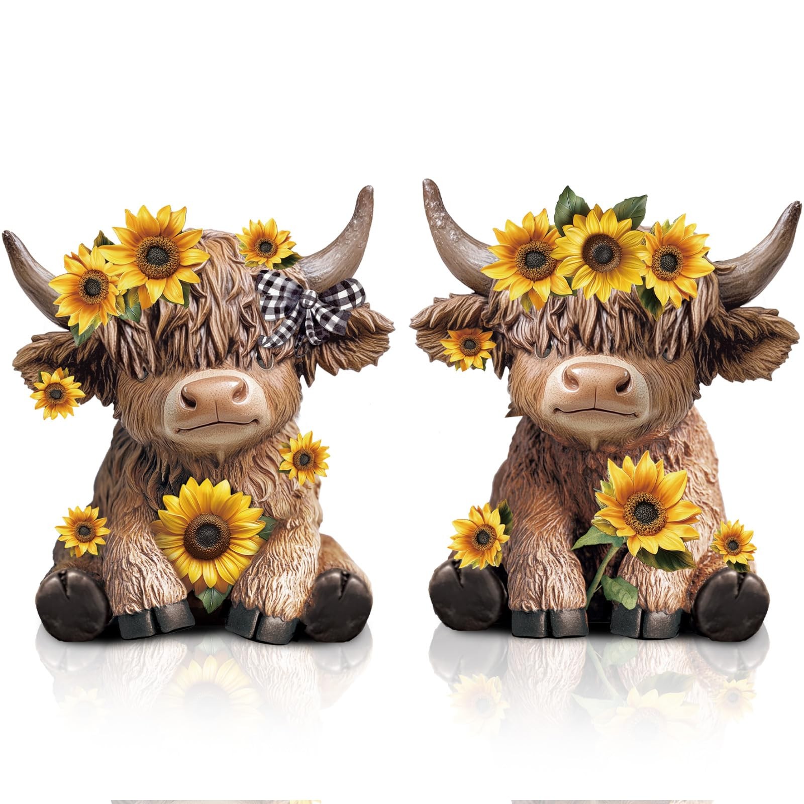 2 Pcs Summer Sunflower Highland Cow Figurines Gifts, Cute Highland Cow Statue…