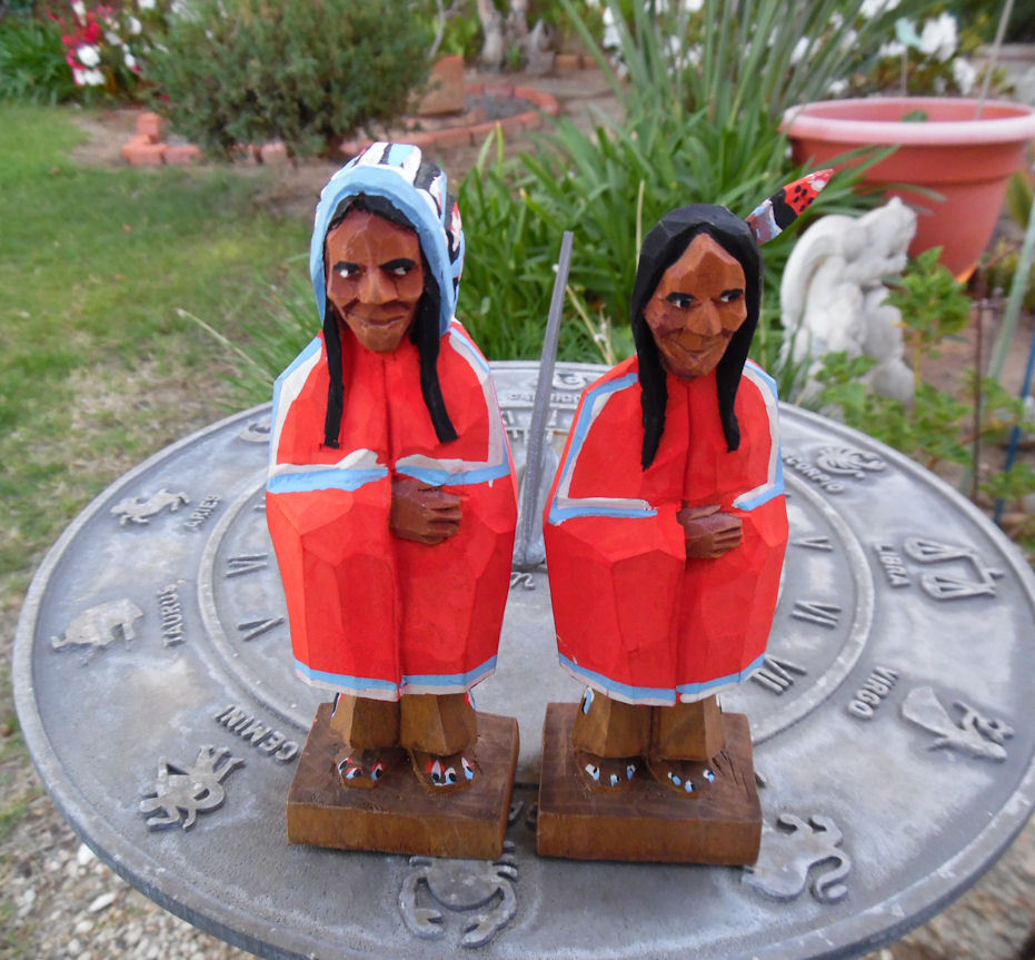 VINTAGE CARVED WOOD FIGURE COUPLE BY HANNAH 1940s-1950s QUEBEC CANADA LOT OF TWO