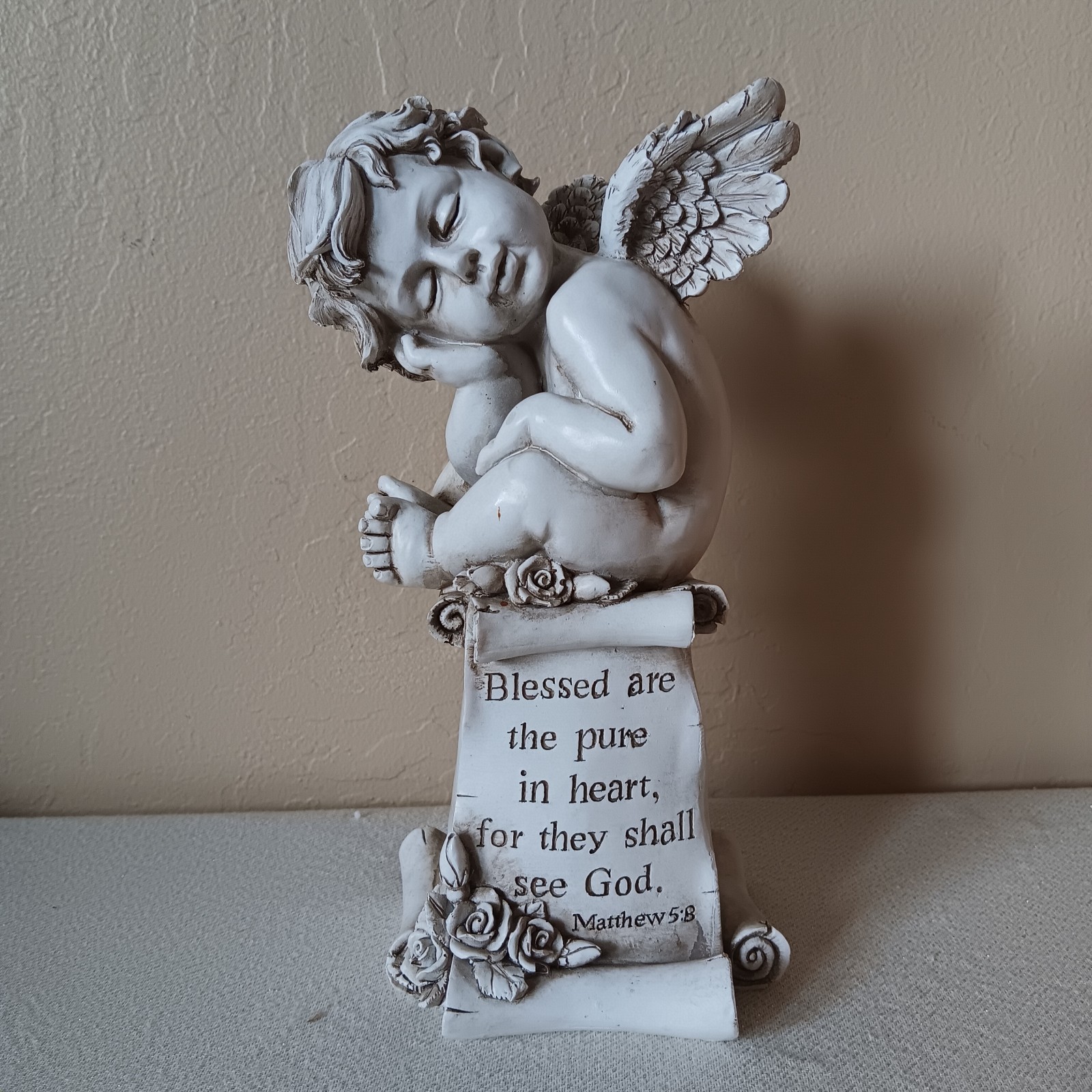 Sleeping Cherub or Guardian Angel. With scripture. Matthew 5;8 11 inches tall.