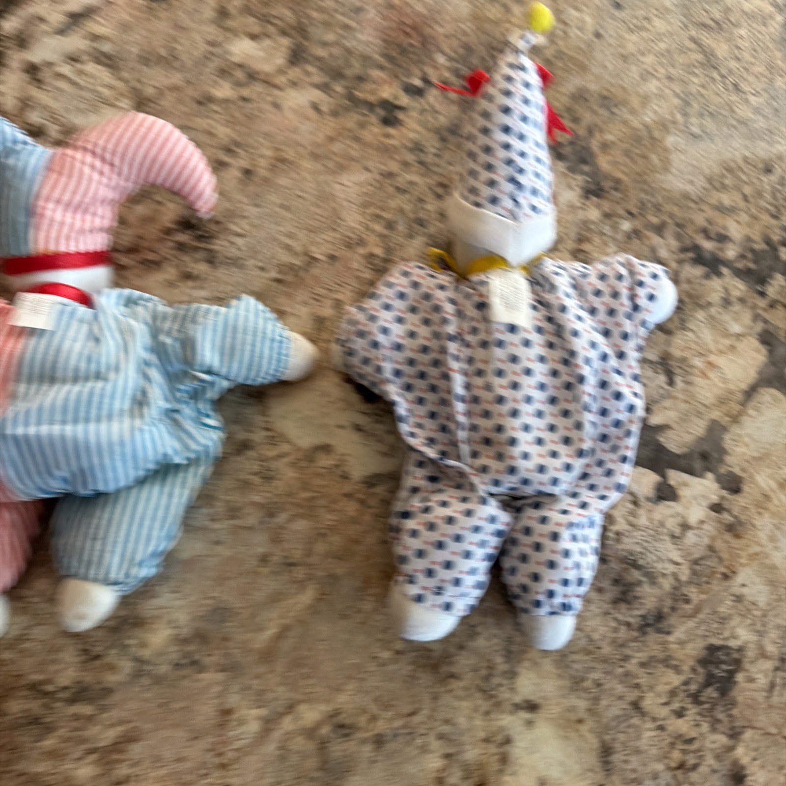 2 VTG Polka/Stripe Porcelain Head Clown Doll, Sand Body – 1 Eye Paint Missing.