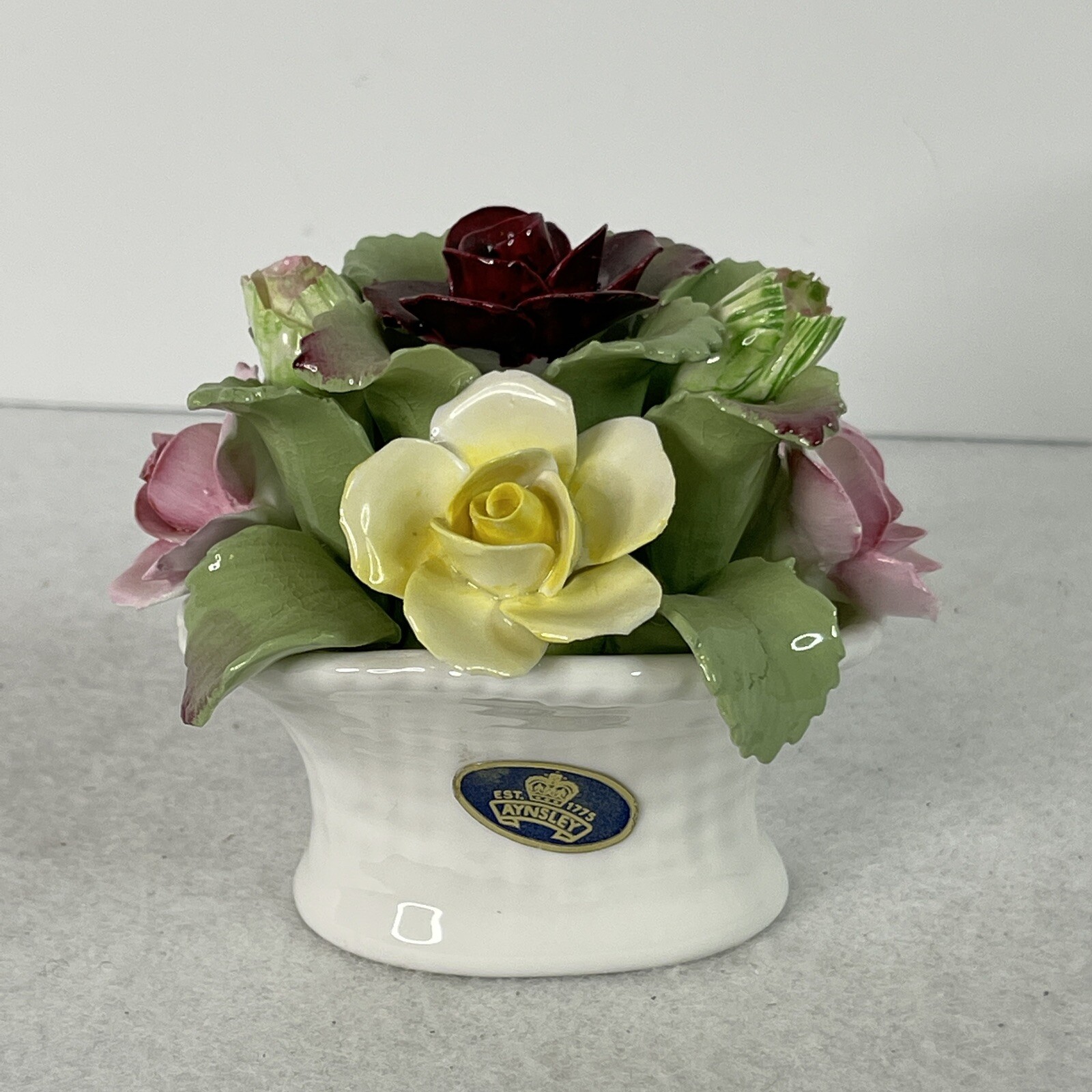 Aynsley England June Oval Basket With Roses Figurine Hand Molded And Painted 3”