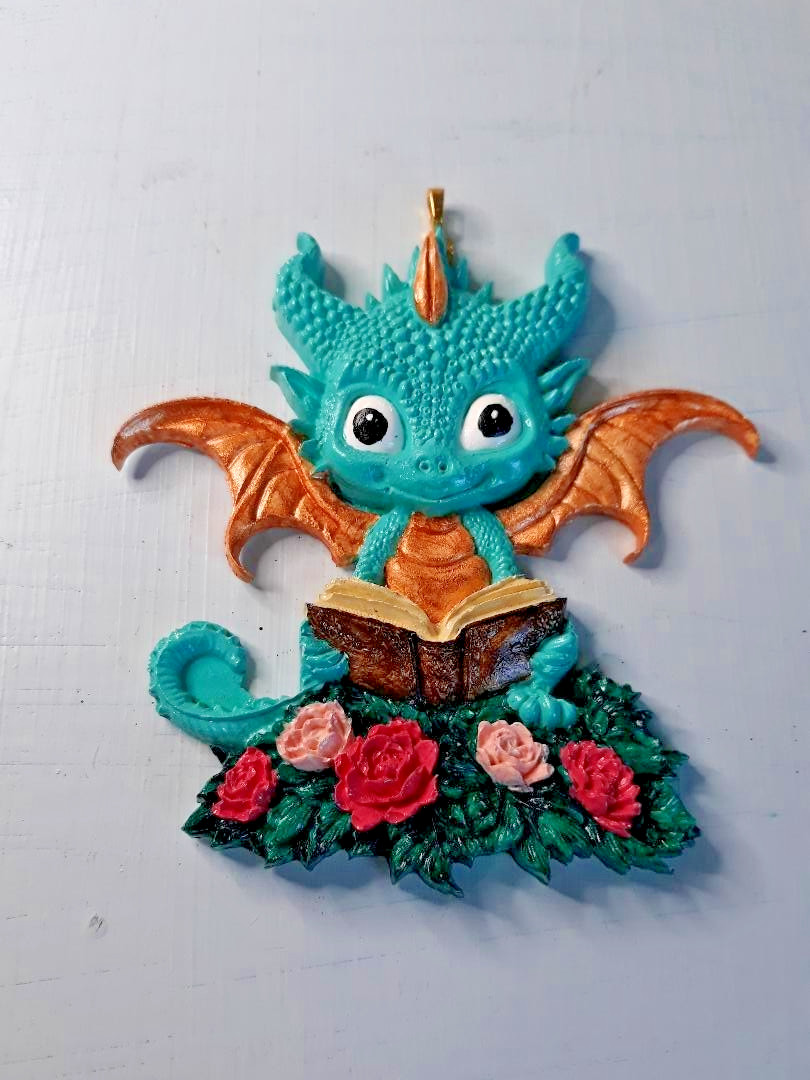 Handmade Cute Dragon Reading Book Hanging Wall Plaque Ornament Nursery Gift