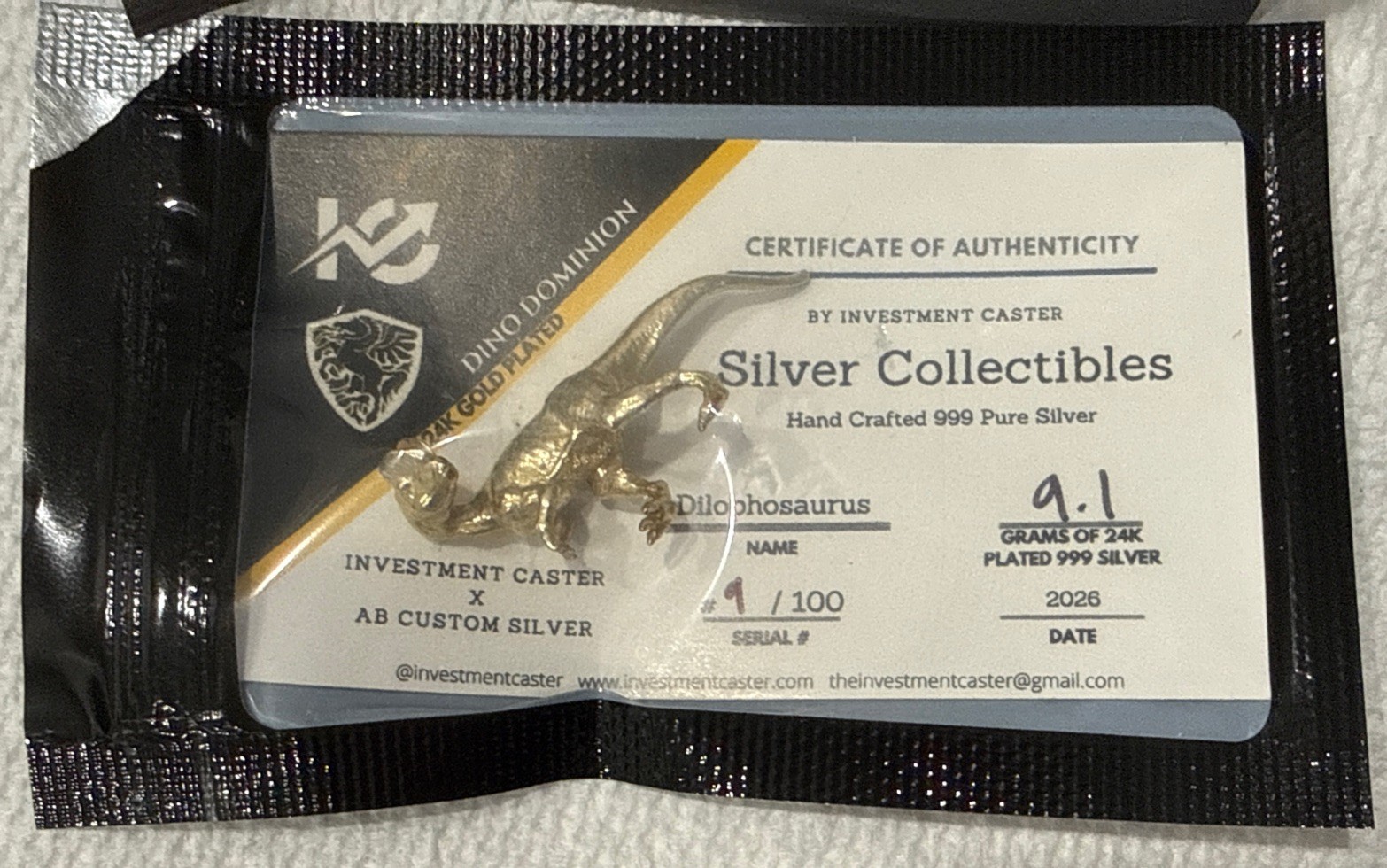 Caster’s Collectibles Dino Dilophosaurus 9.1 g Silver 24k Gold Plated FREE SHIP