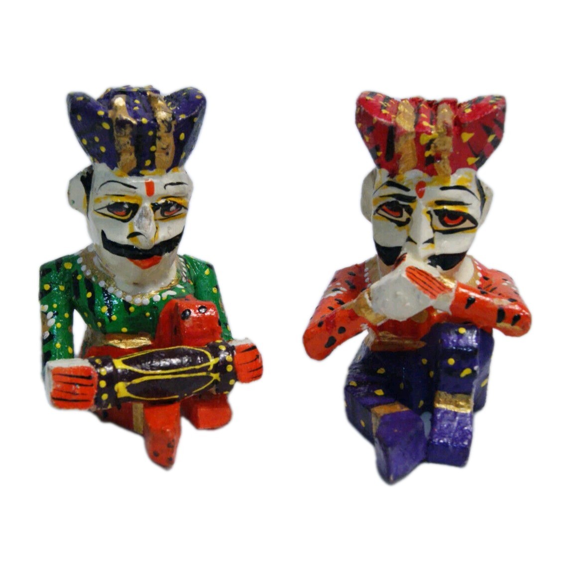 Hand‑Painted Rajasthani Wooden Musician Figurines Folk Art India Boho Decor Set