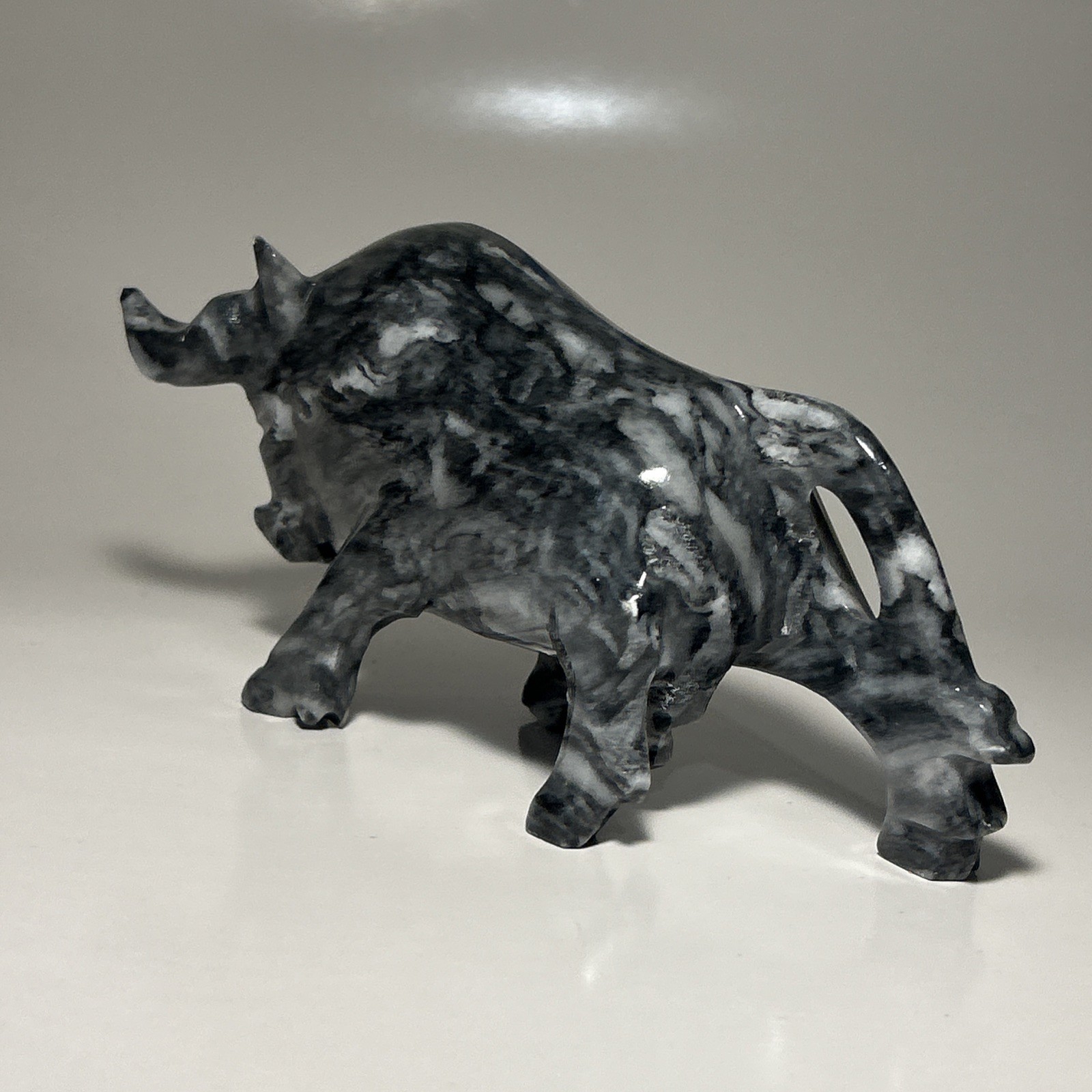 Vintage Hand Carved Bull Onyx Marble Stone Charging Gray Black Vintage Piece
